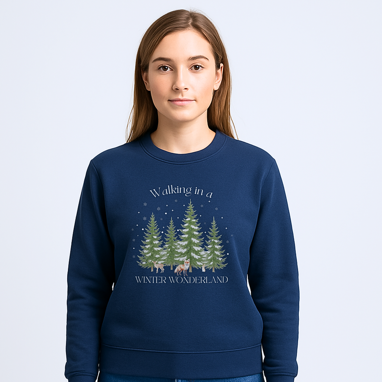 Walking in a Winter Wonderland Adults Christmas Sweatshirt in navy or sage with Winter Wonderland woodland scene