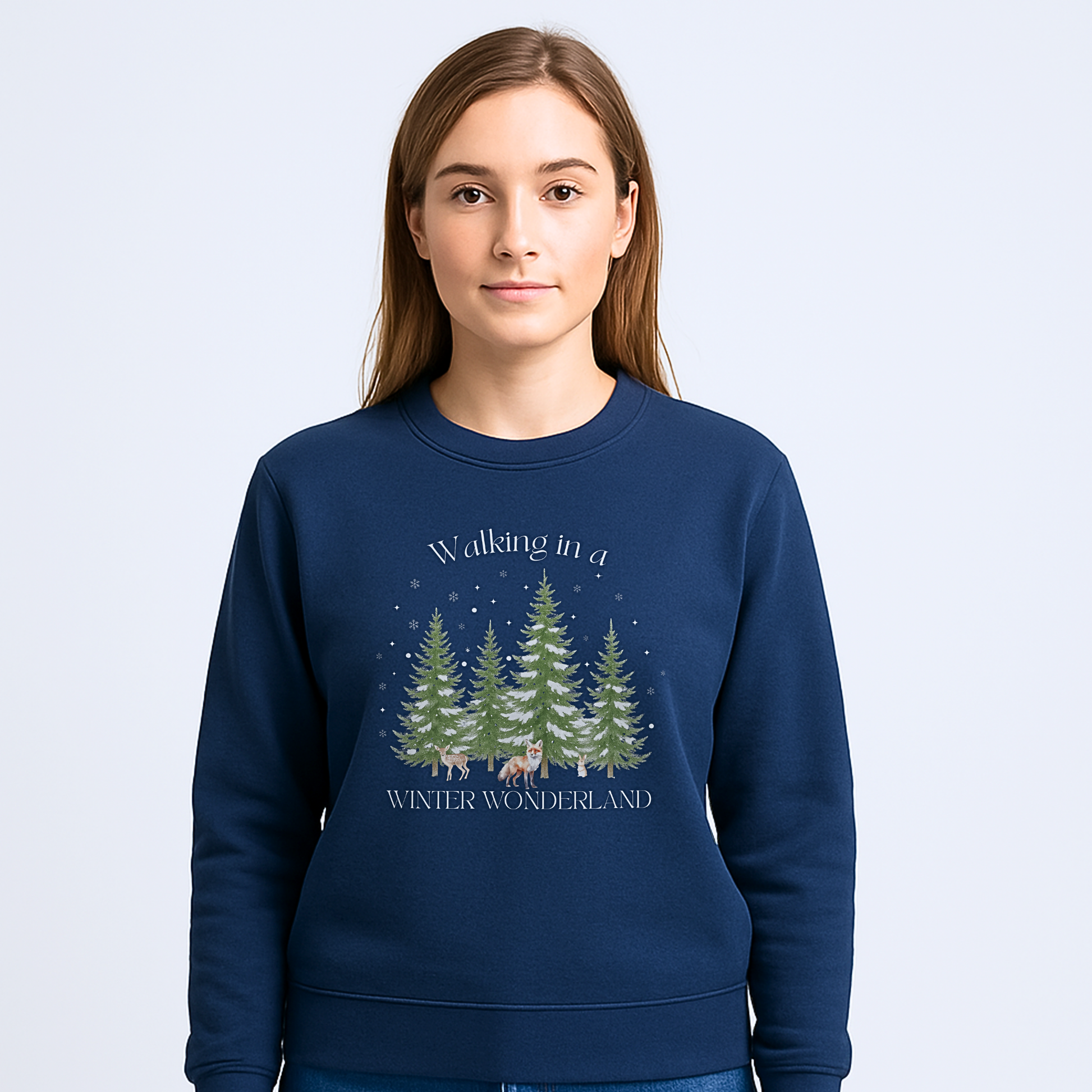Walking in a Winter Wonderland Adults Christmas Sweatshirt in navy or sage with Winter Wonderland woodland scene