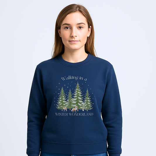 Walking in a Winter Wonderland Adults Christmas Sweatshirt in navy or sage with Winter Wonderland woodland scene
