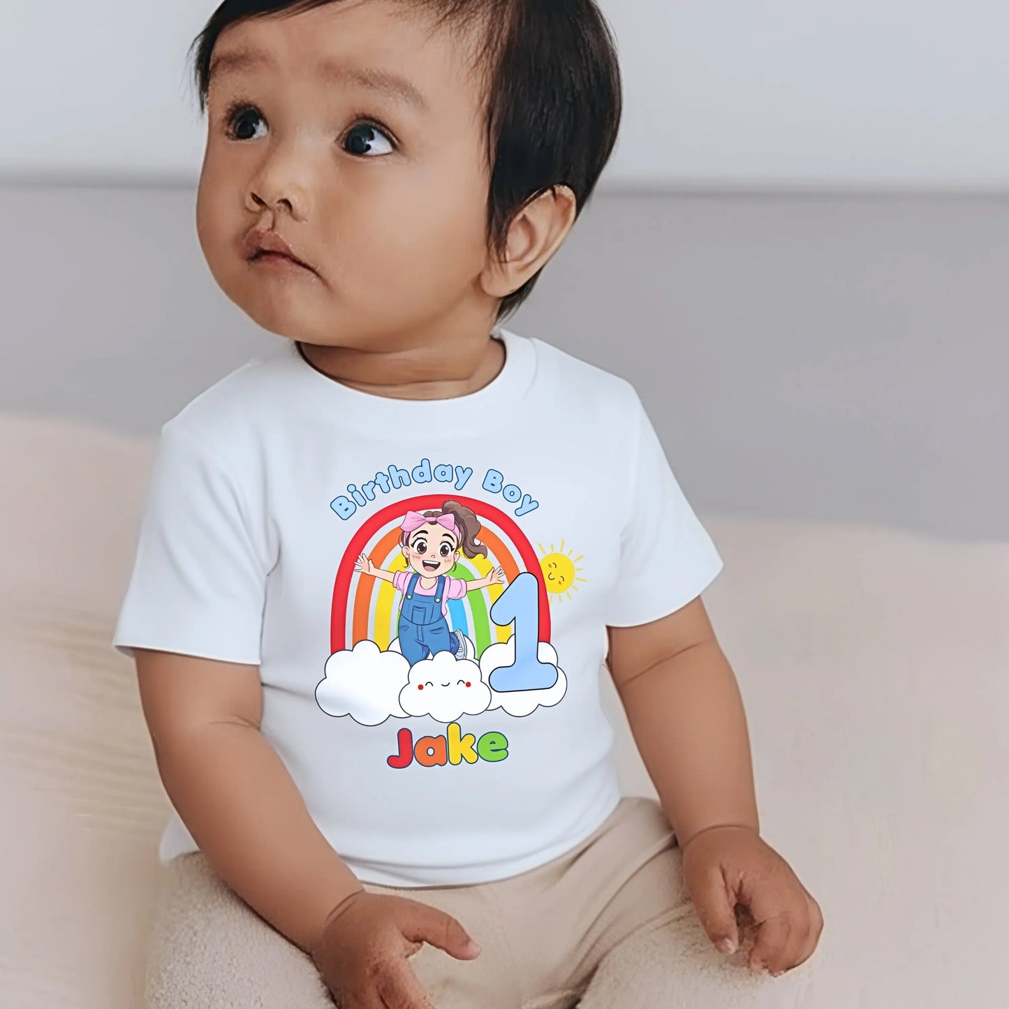 Ms Rachel birthday boy t-shirt: Personalised Ms Rachel birthday boy t-shirt with rainbow, number and name