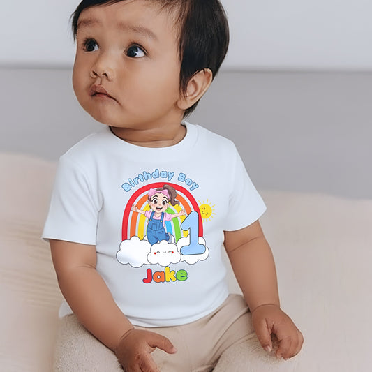 Ms Rachel birthday boy t-shirt: Personalised Ms Rachel birthday boy t-shirt with rainbow, number and name