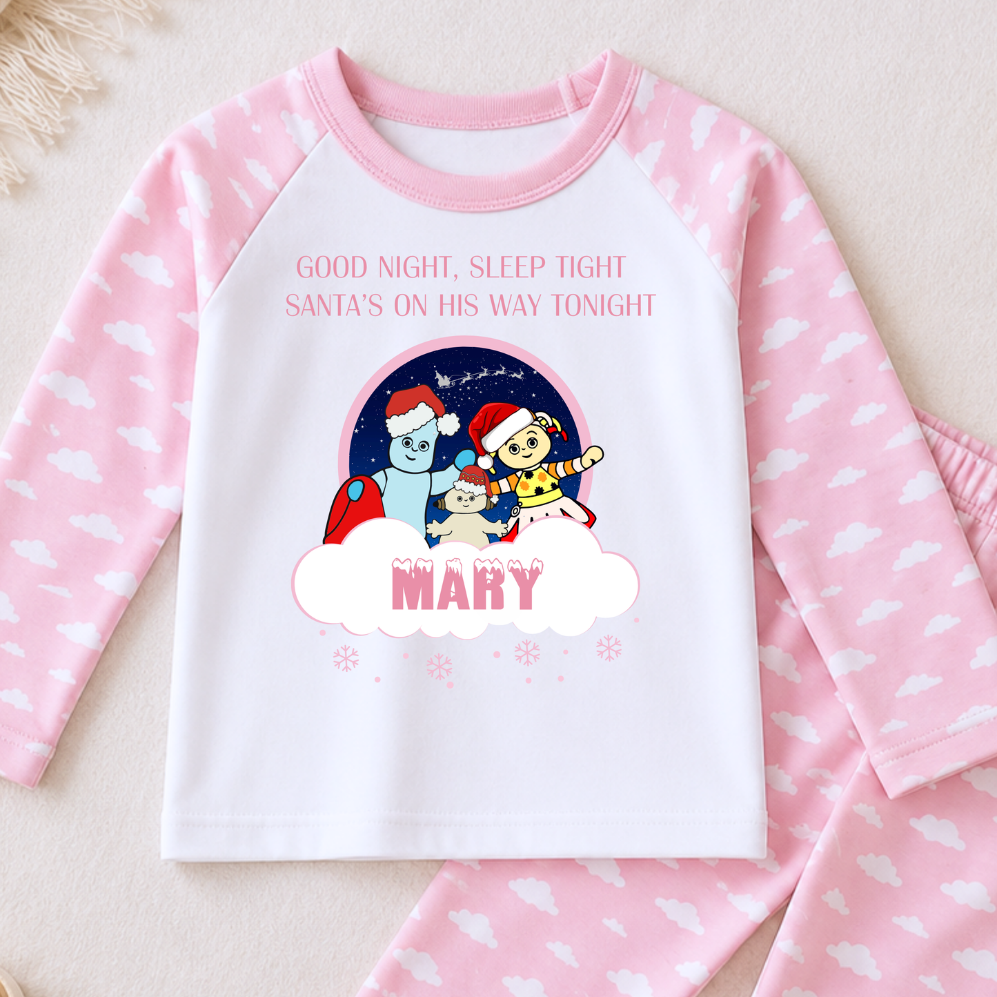 Girls Christmas Pyjamas personalised with name, featuring In the Night Garden characters Igglepiggle, Upsy Daisy and Makka Pakka in a festive design.