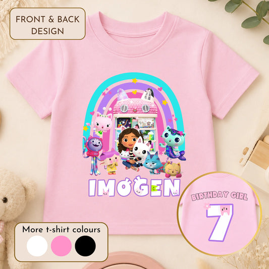 Girls Personalised Gabby's Dollshouse Birthday T-shirt - Any Name and Age AishaBaileyDesigns