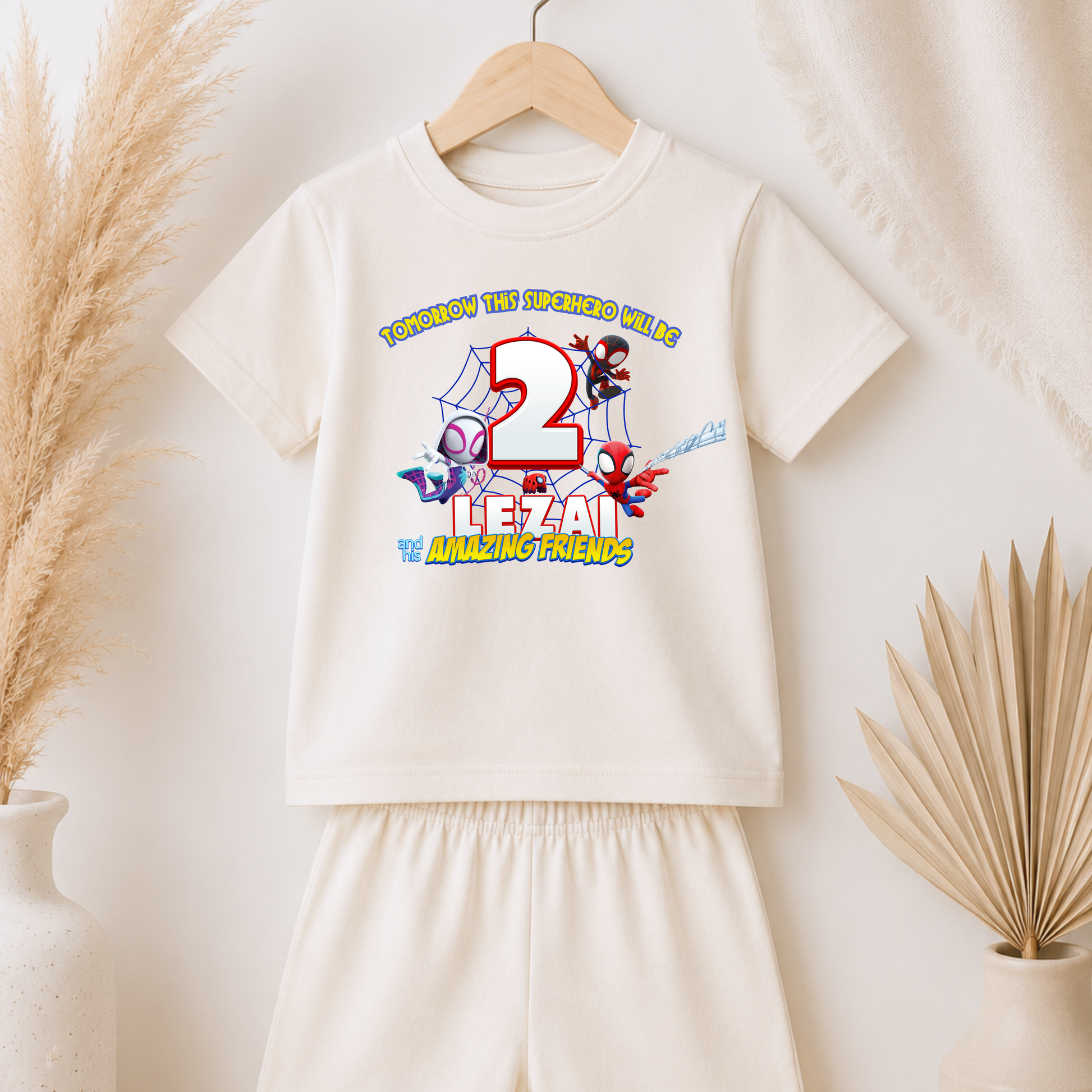 Personalised Spidey Short Birthday Pyjamas for Boys with custom name and age superhero birthday design on soft short sleeve children's pyjama set.