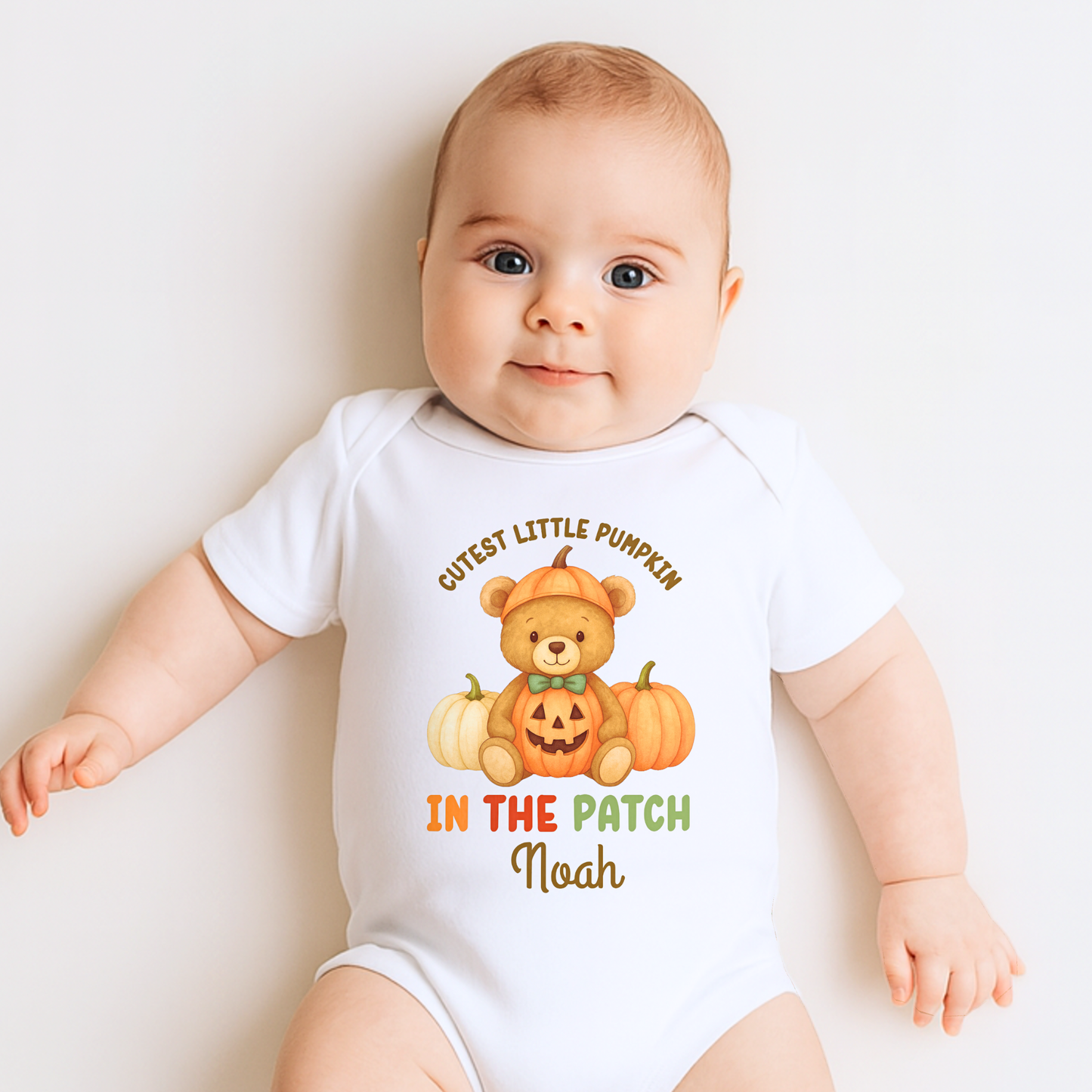 First Halloween Outfit: Personalised Halloween baby bib, romper, vest or t-shirt with teddy bear “Cutest Pumpkin in the Patch” design.