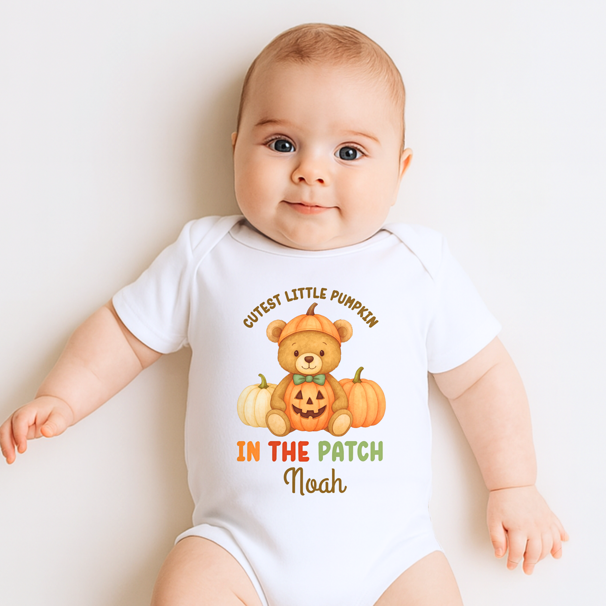 First Halloween Outfit: Personalised Halloween baby bib, romper, vest or t-shirt with teddy bear “Cutest Pumpkin in the Patch” design.