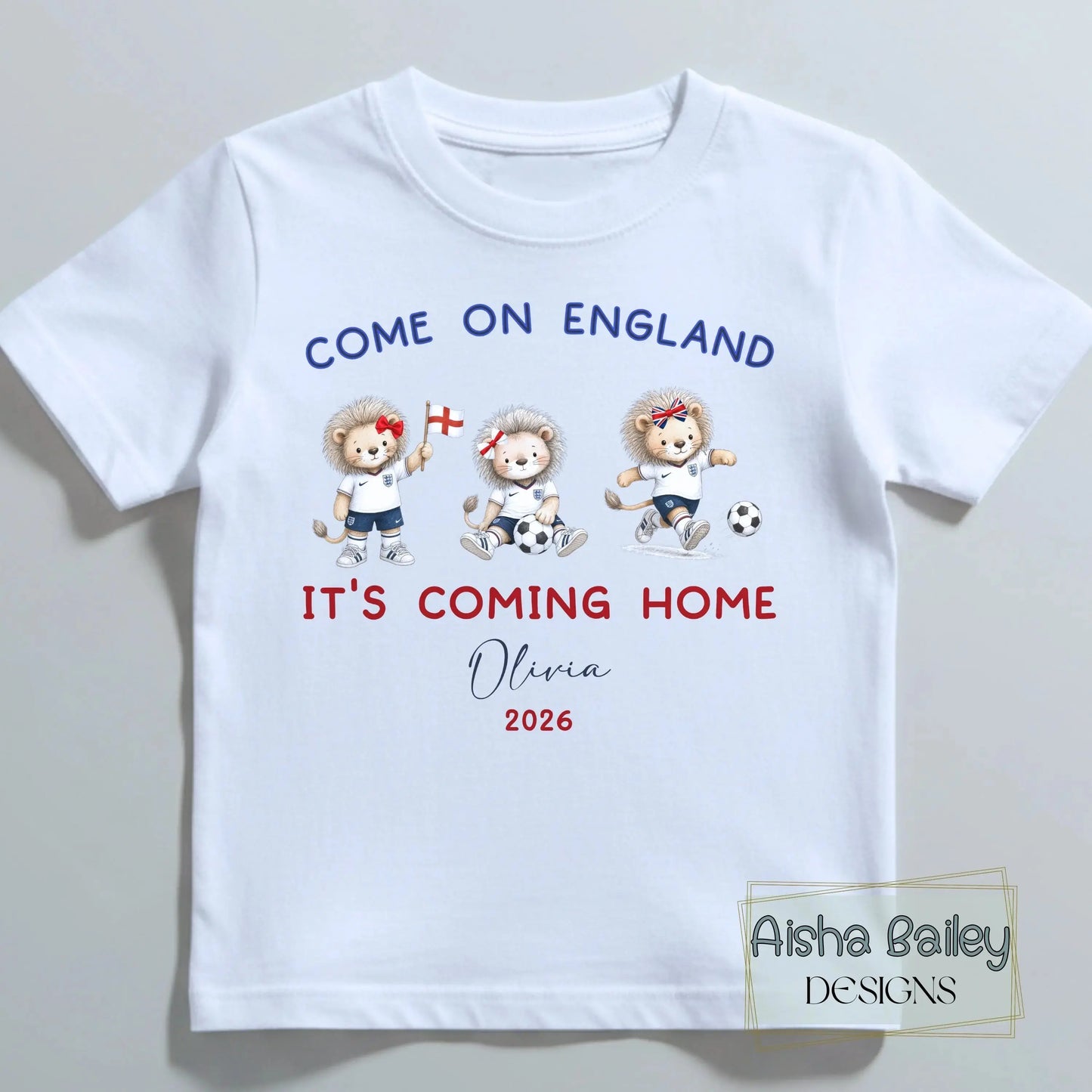 Girls Personalised World Cup T-shirt, England Football 2026 – Come On England It’s Coming Home Top AishaBaileyDesigns