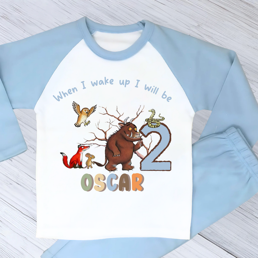 Personalised Gruffalo birthday pyjamas for boys with custom name and age