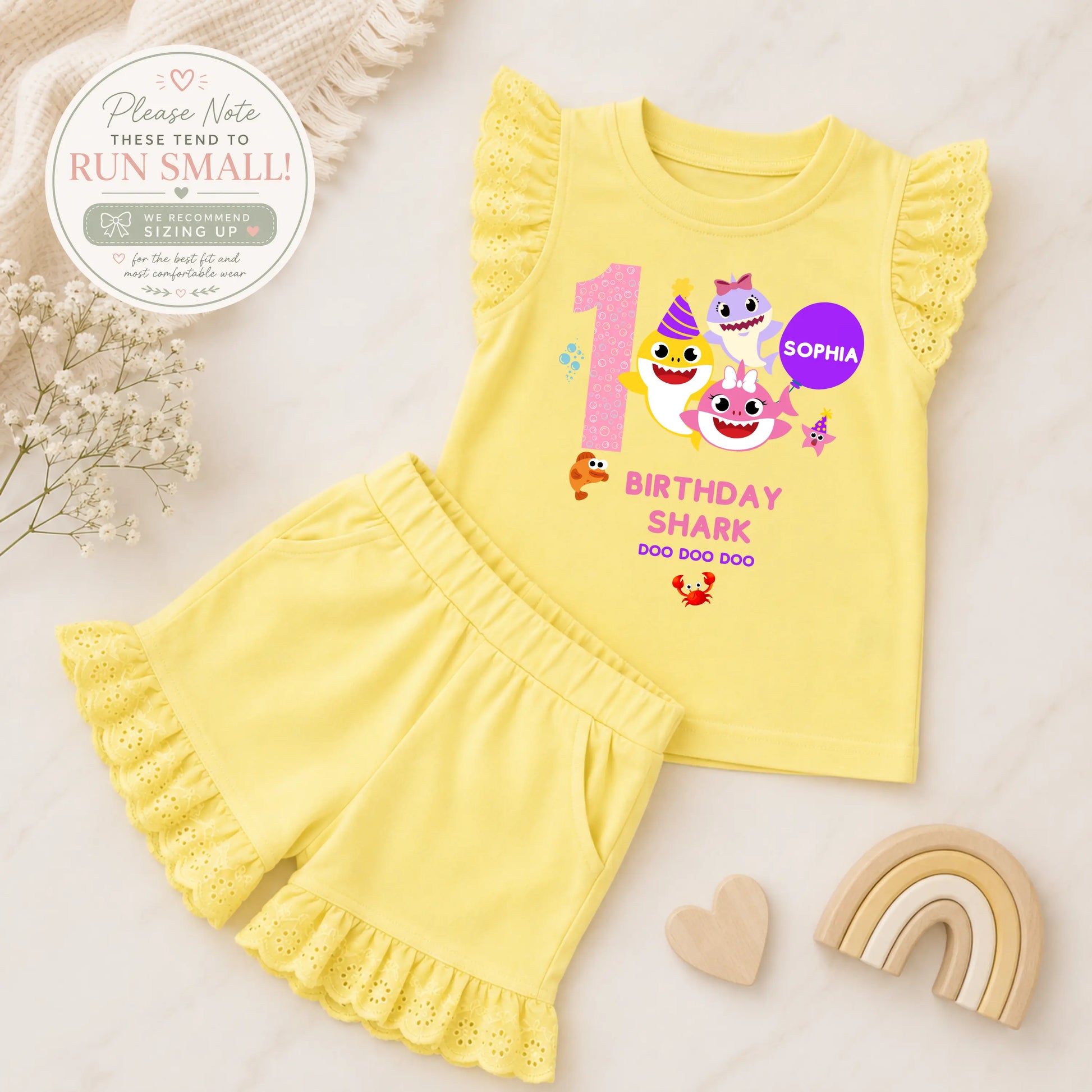 Personalised Baby Shark Birthday Outfit for Girls – Birthday Shark Frilly Top and Shorts Set AishaBaileyDesigns