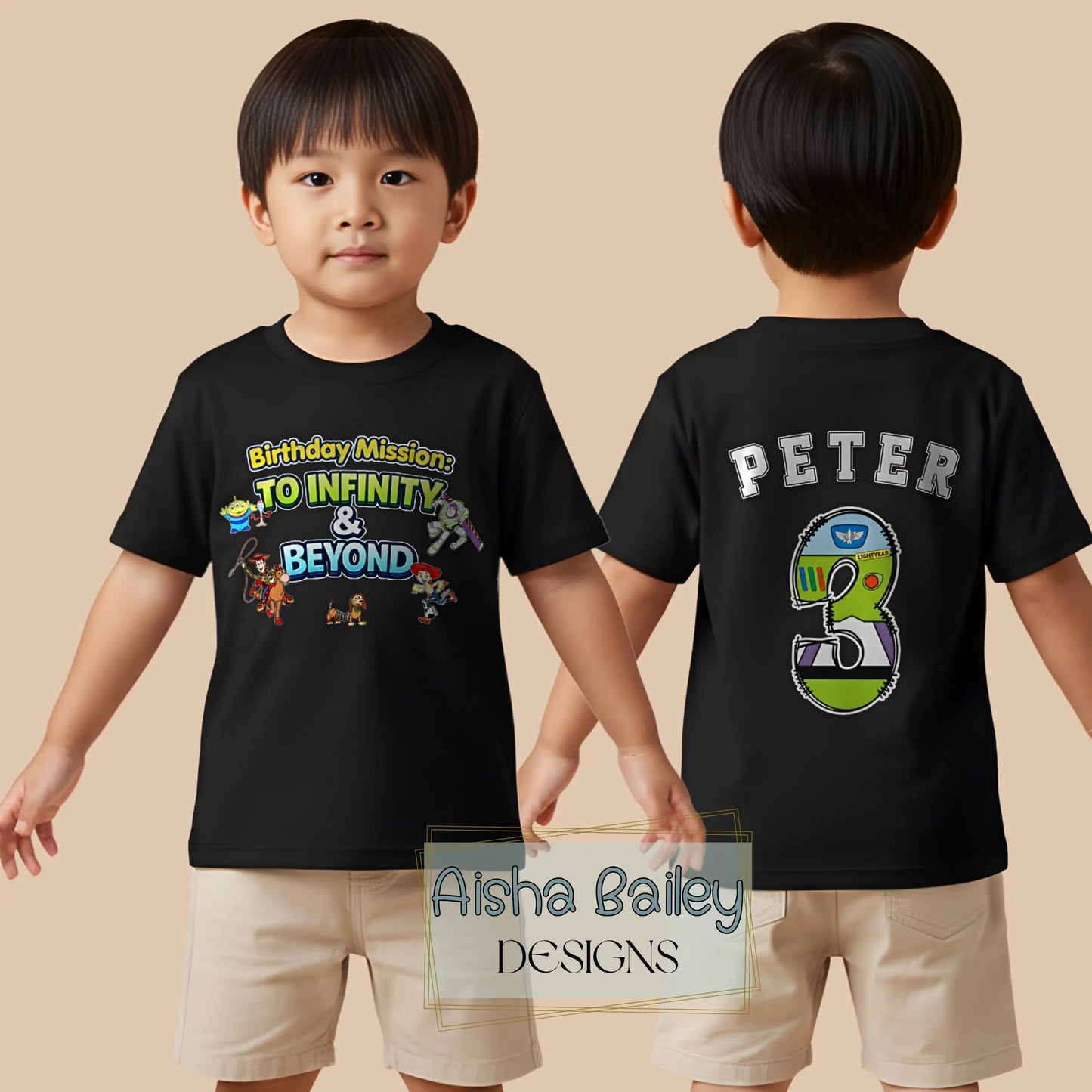 Toy Story Birthday T-shirt, Toy Story personalised birthday t-shirt for boys with custom name age and Buzz Woody or Jessie character on back number design