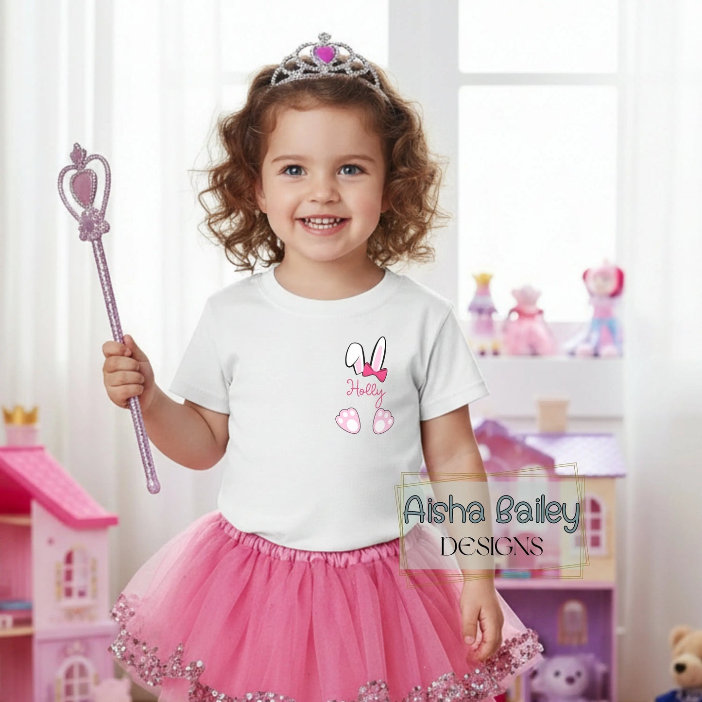 Personalised Easter top for girls with bunny ears design and custom name on left breast. Available in sweatshirt and t-shirt, Easter gift for kids