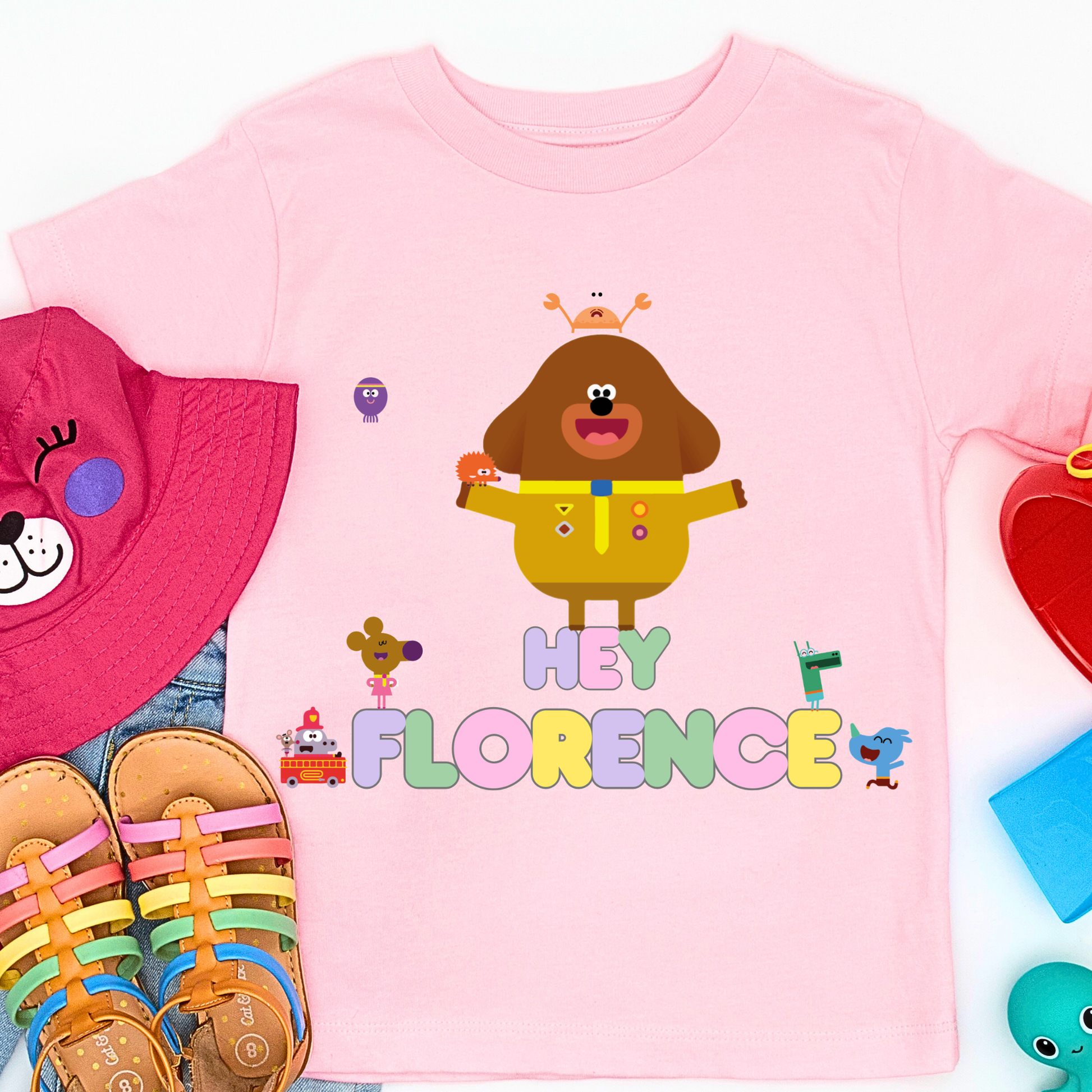 Hey Duggee personalised t-shirt, girls personalised hey duggee white t-shirt for everyday use, girls custom t-shirt, hey duggee birthday, custom hey duggee with name