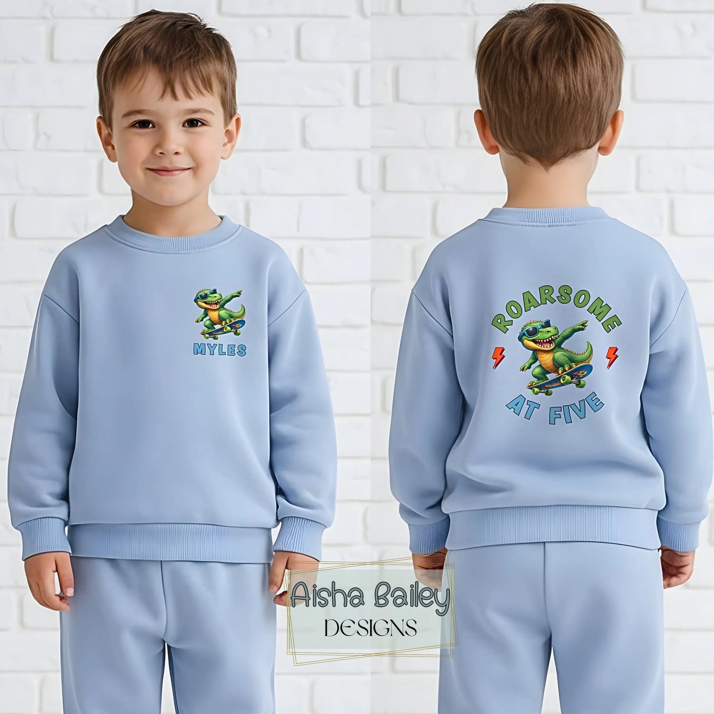 Personalised birthday loungewear set for boys with skateboard dinosaur design, custom name and age print, soft sweatshirt and matching bottoms for birthday celebrations