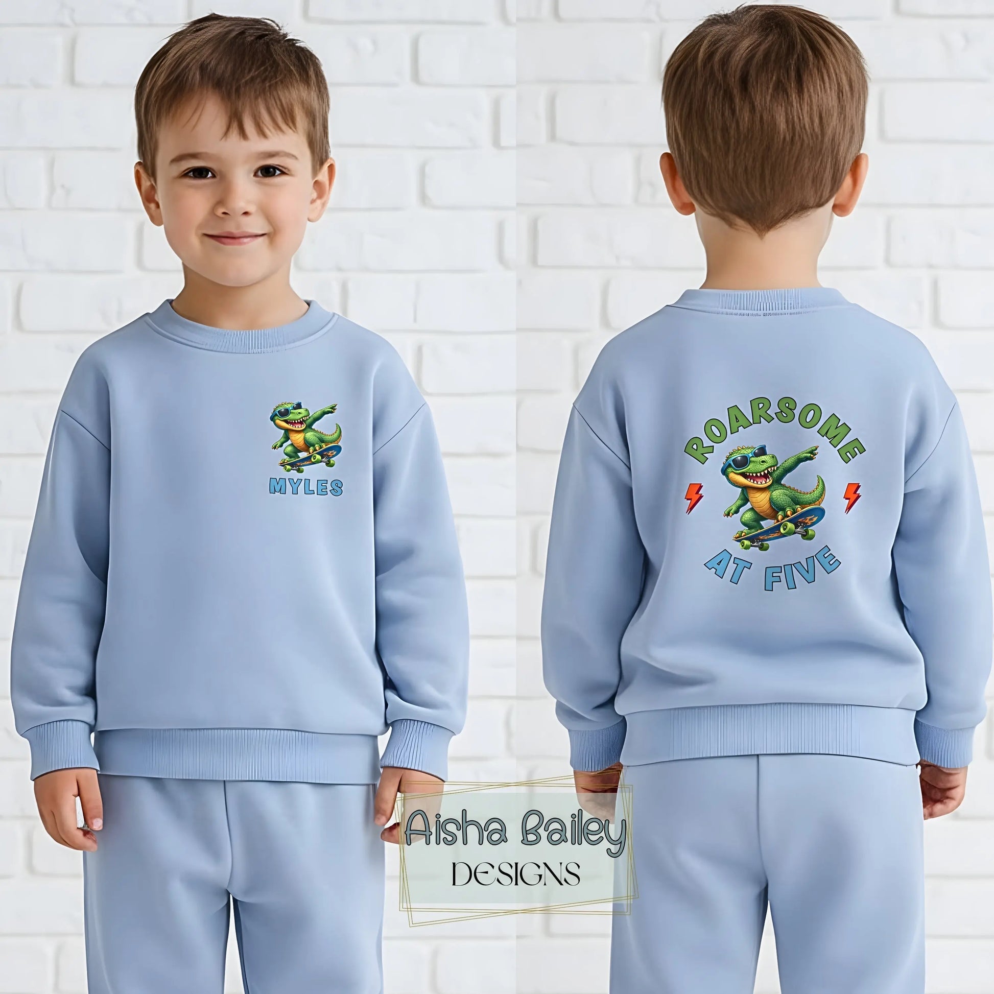 Personalised birthday loungewear set for boys with skateboard dinosaur design, custom name and age print, soft sweatshirt and matching bottoms for birthday celebrations