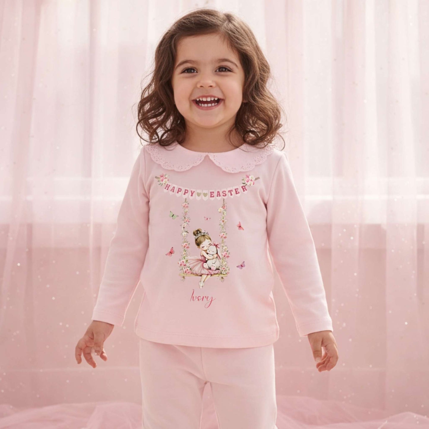 Personalised Easter Pyjamas: Girls Easter Pyjamas personalised with custom Name. Floral Easter bunny design perfect Easter gift for girls