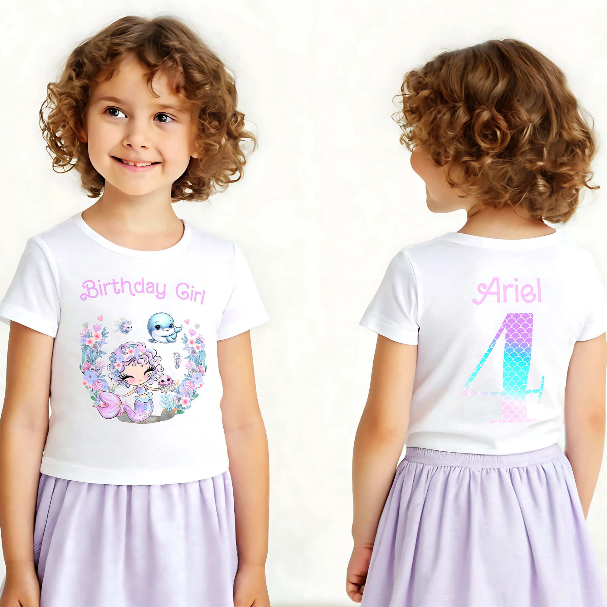 Mermaid Birthday T-shirt for Girls with personalisation: A vibrant and magical T-shirt designed for a girl's birthday celebration, featuring a glitter-like mermaid print on both the front and back. The shirt can be personalised with the birthday girl's name for a special touch: Personalized, Girls, Glitter-like, Mermaid, Birthday, T-shirt, Front and Back Print, Girls mermaid birthday gift