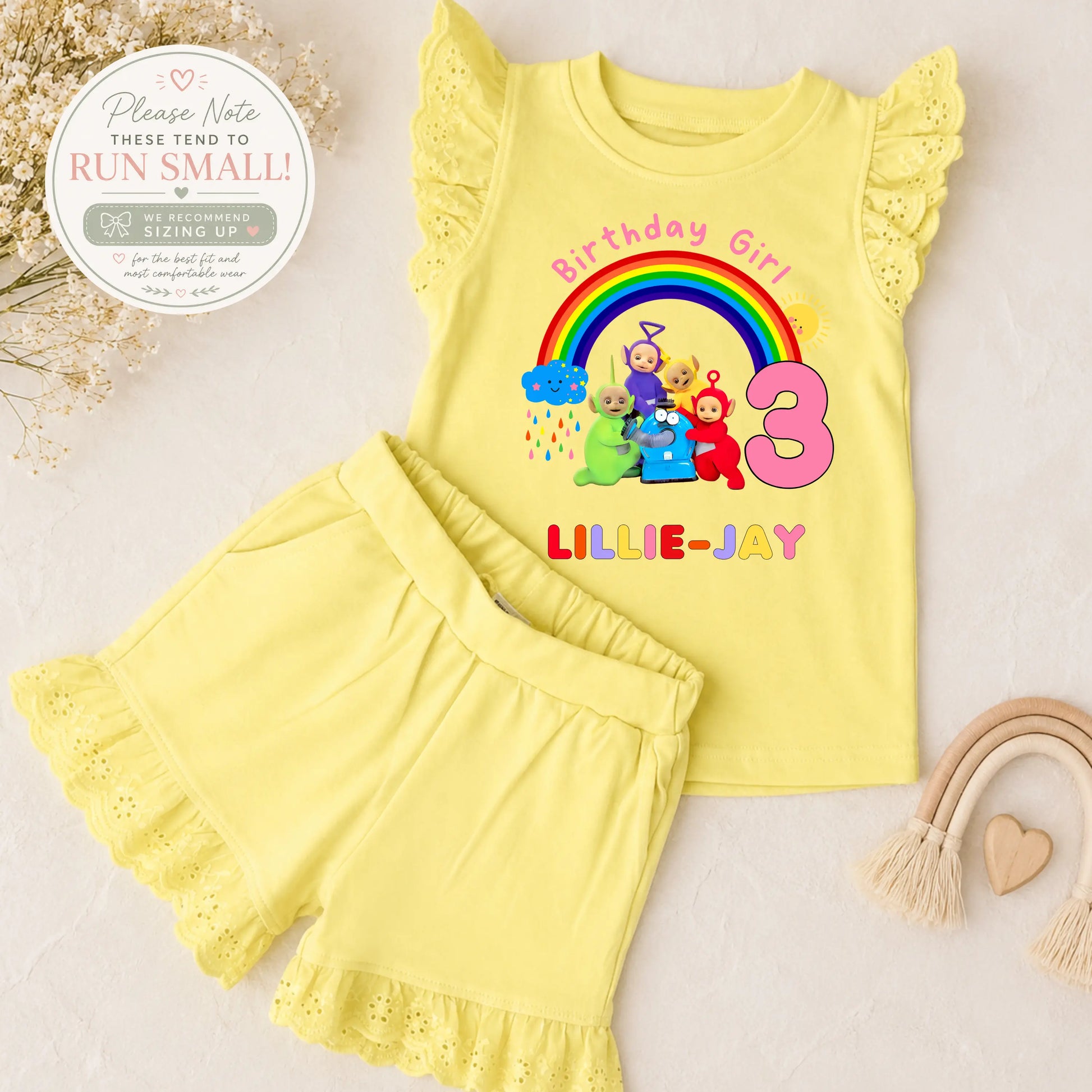Personalised Teletubbies Birthday Outfit for Girls – Frilly Top and Shorts Set AishaBaileyDesigns
