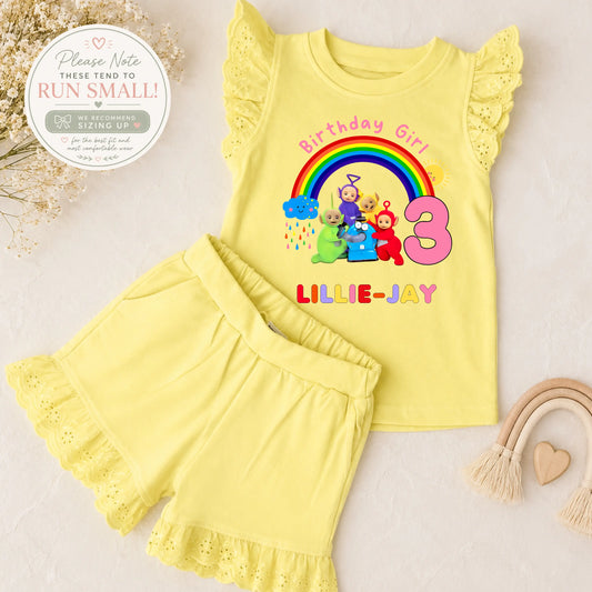 Personalised Teletubbies Birthday Outfit for Girls – Frilly Top and Shorts Set AishaBaileyDesigns