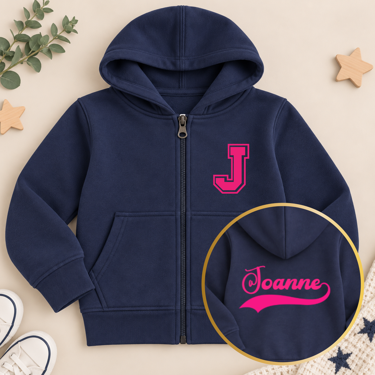 Girls Personalised Varsity Hoodie with varsity initial on front and personalised script name on back, available in multiple colours.
