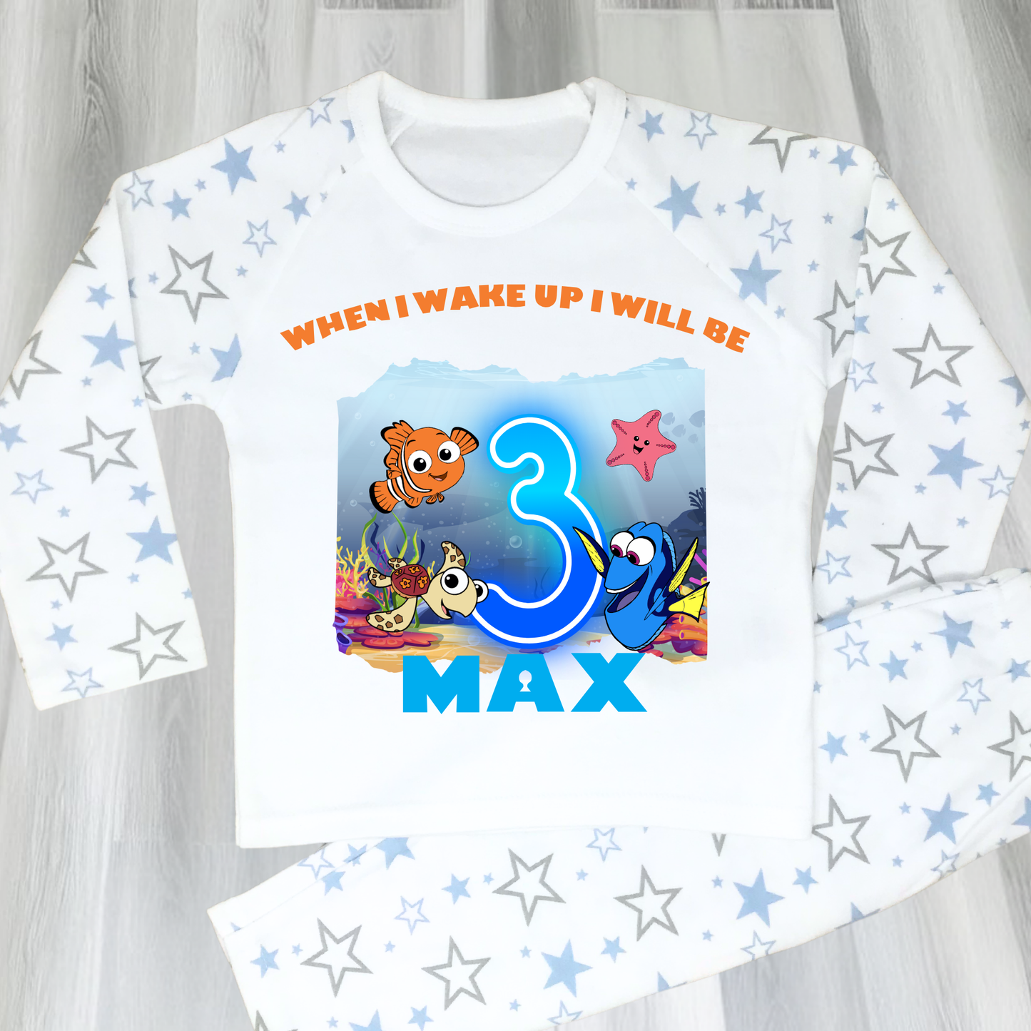 Finding Nemo birthday pyjamas personalised with under the sea theme for boys