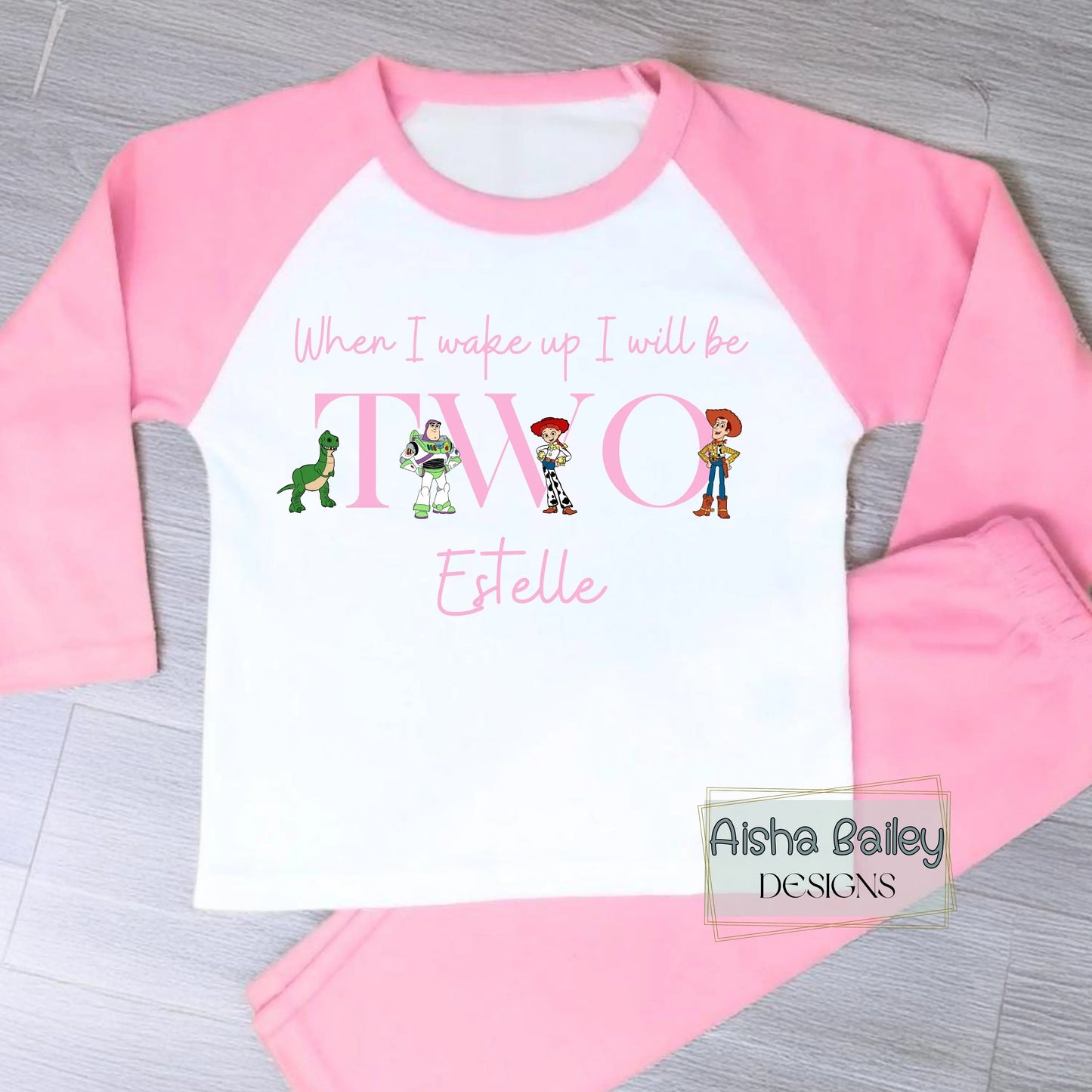 Personalised Toy Story birthday pyjamas for girls with custom name, when I wake up I will be birthday outfit pink kids pyjama set