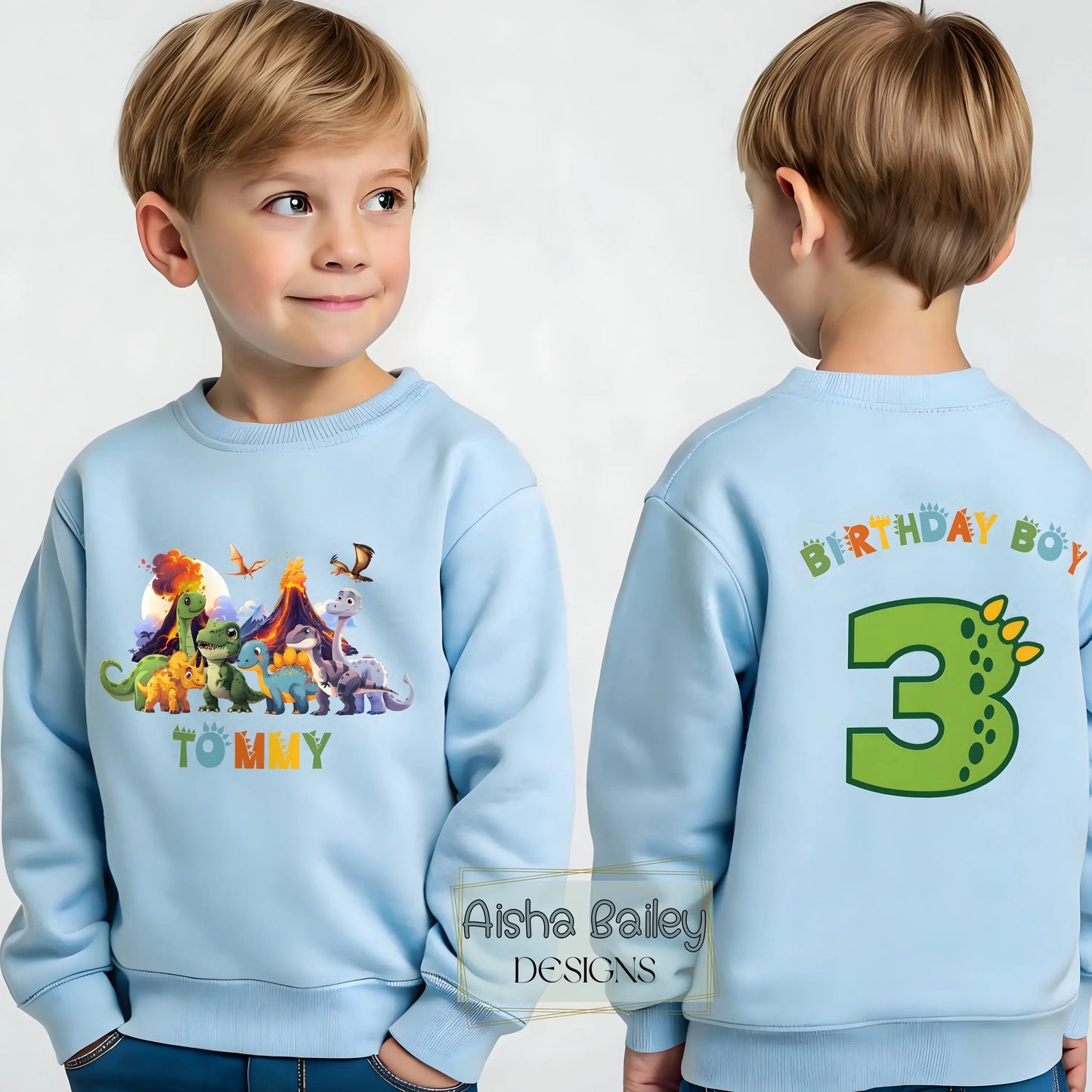 Dinosaur birthday sweatshirt for boys with personalised name and age, colourful dinosaur design and Birthday Boy print, cosy jumper for kids birthday party outfit