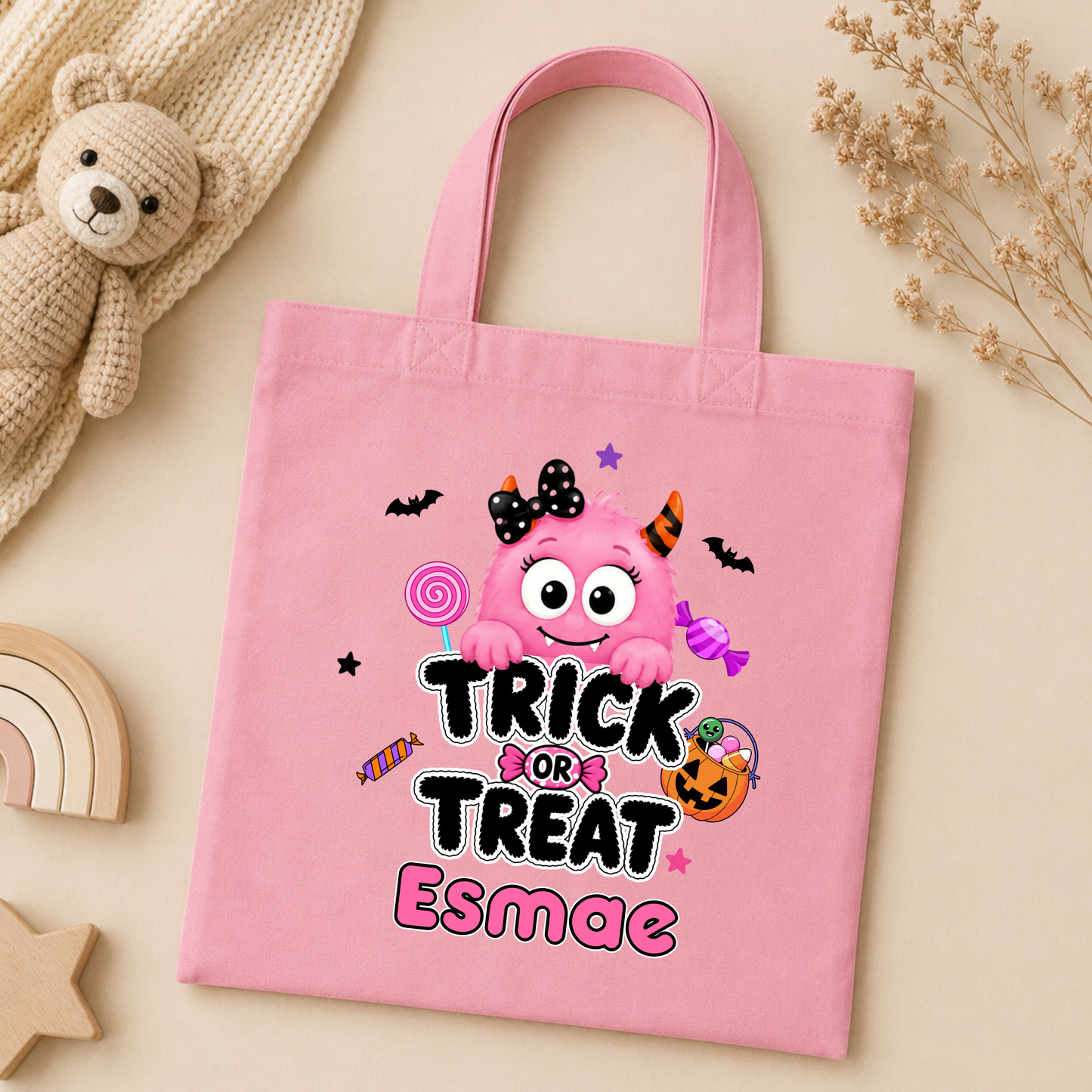 Personalised Halloween Trick or Treat Bag for kids with name and choice of 14 cute colourful monster designs for collecting Halloween sweets.