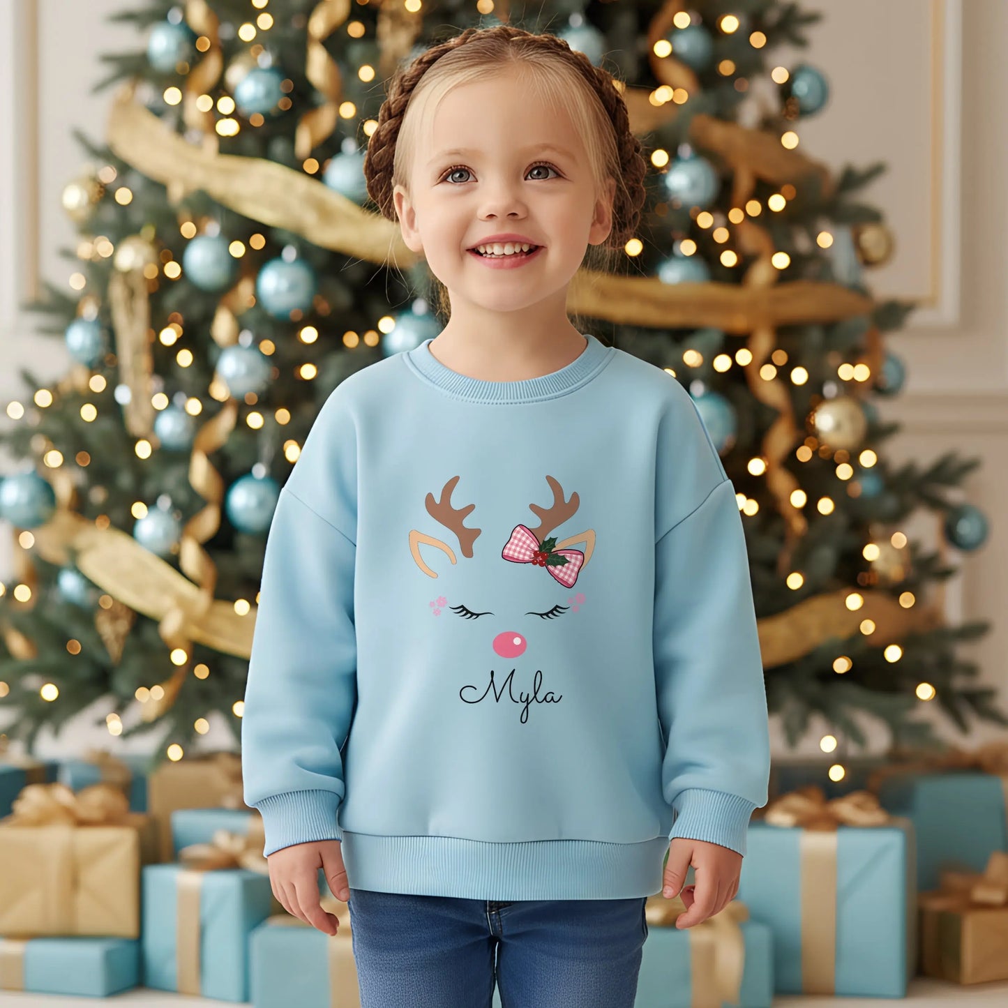 Girls Christmas Sweatshirt: Personalised Christmas sweatshirt for girls with pink reindeer design and custom name print.