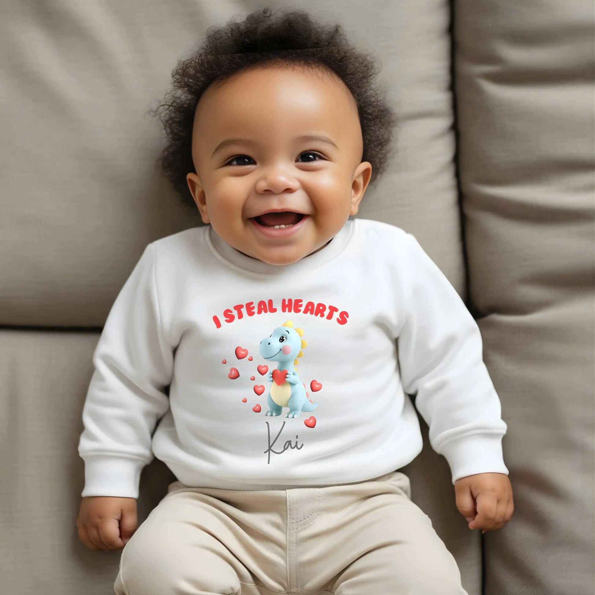 Boys personalised Valentines Day Sweatshirt, dinosaur I steal heart with custom name