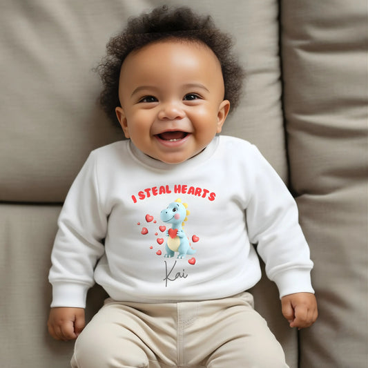 Boys personalised Valentines Day Sweatshirt, dinosaur I steal heart with custom name