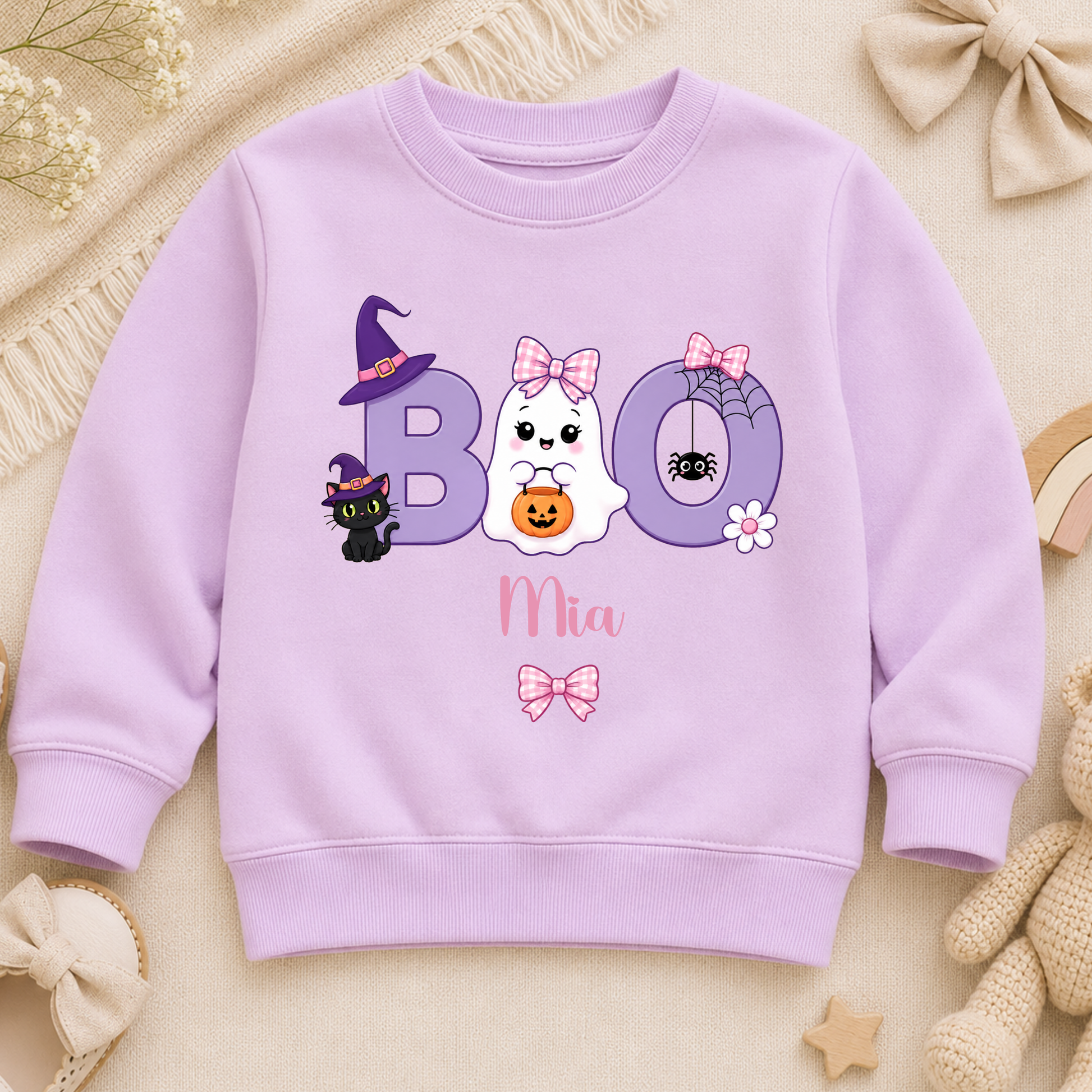 Personalised Halloween Sweatshirt for Girls featuring a cute ghost with bow, playful Boo design and custom name, available in three colours.