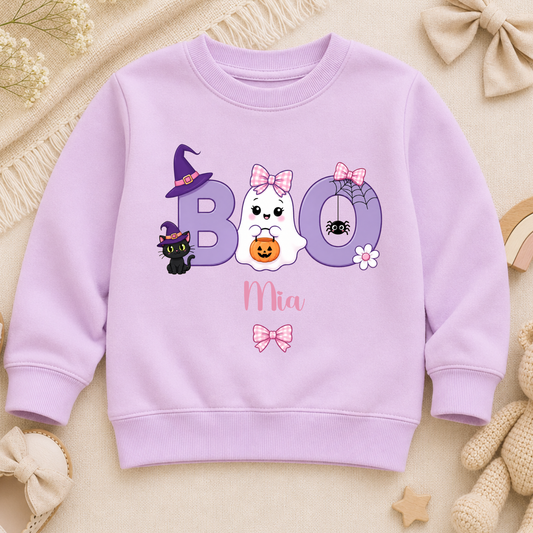 Personalised Halloween Sweatshirt for Girls featuring a cute ghost with bow, playful Boo design and custom name, available in three colours.
