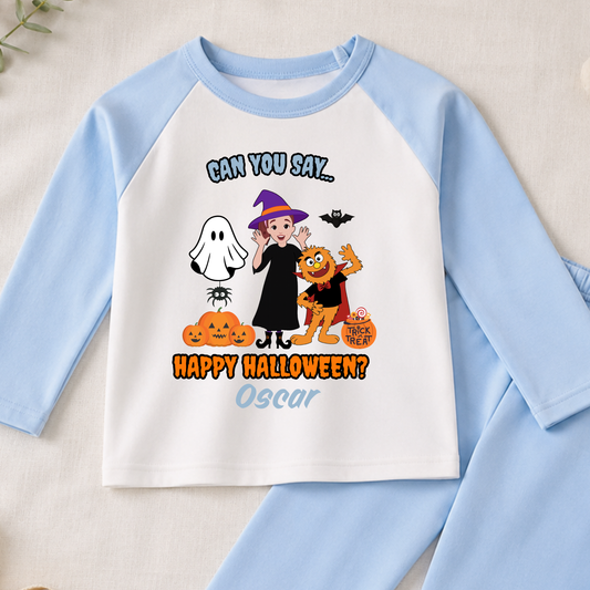 Boys Personalised Ms Rachel Halloween Pyjamas with name print and cute spooky design