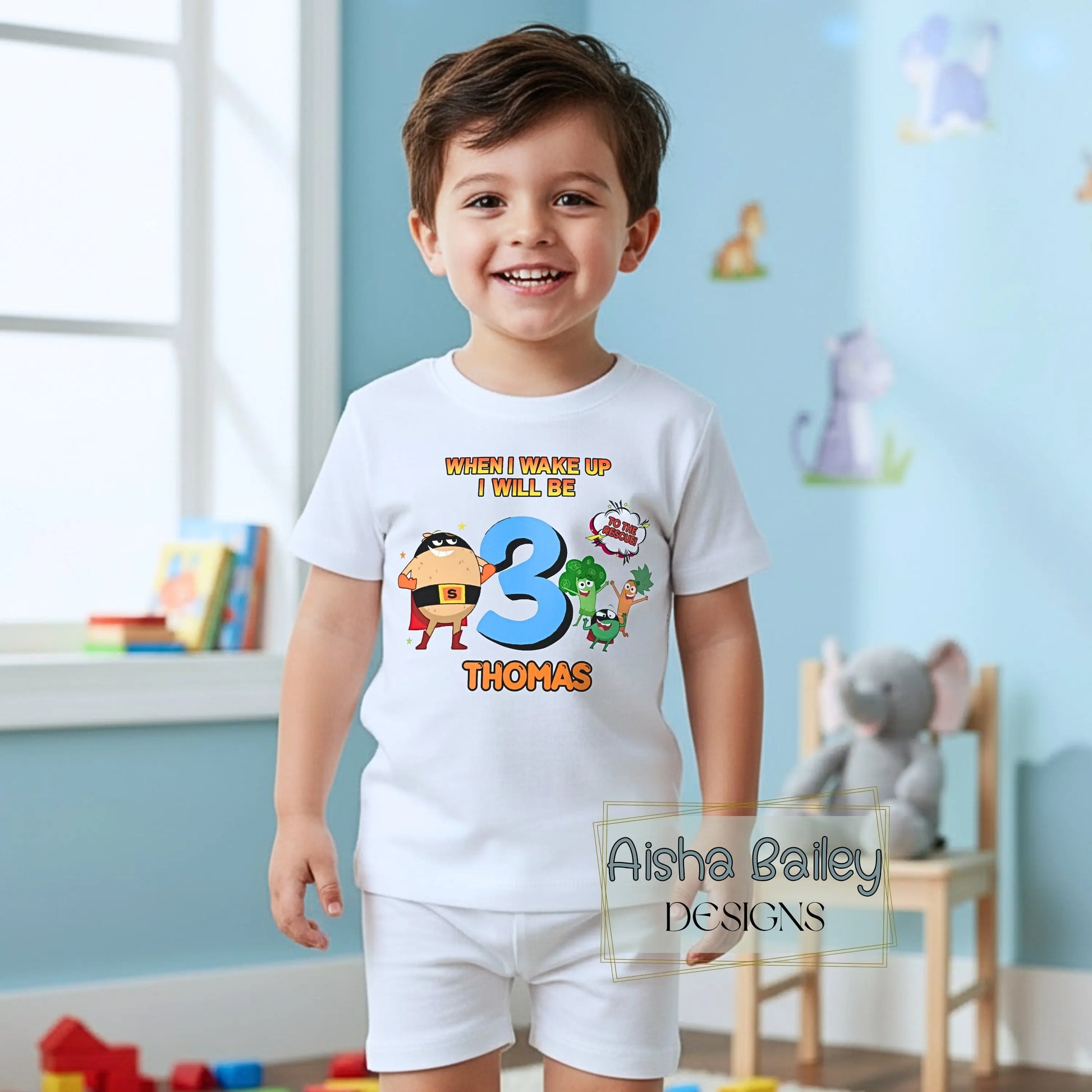 Boys personalised Supertato birthday pyjamas with When I Wake Up design, custom name and age, white star print kids PJs