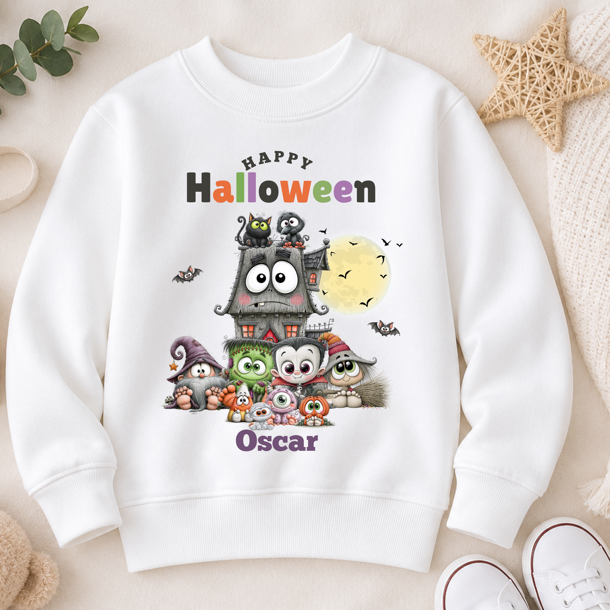 Personalised Halloween Sweatshirt for kids with cute monsters, haunted house, moon, bats and child's name