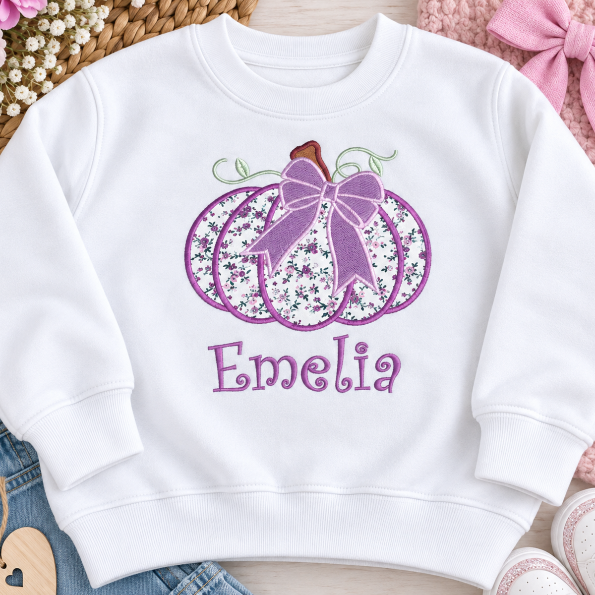 Personalised Halloween Sweatshirt for girls with embroidered floral pumpkin, purple bow and custom name, available in pink, lilac and white
