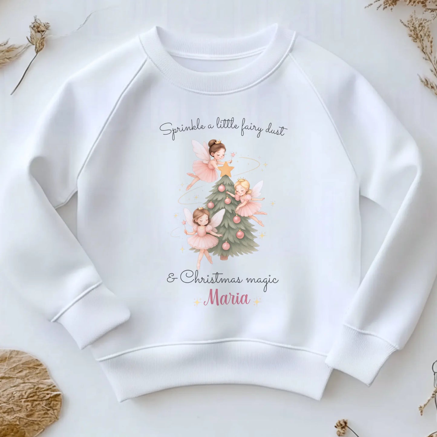 Girls Christmas Sweatshirt: Personalised Christmas sweatshirt for girls with magical fairy and Christmas tree design, custom name print Christmas jumper 
