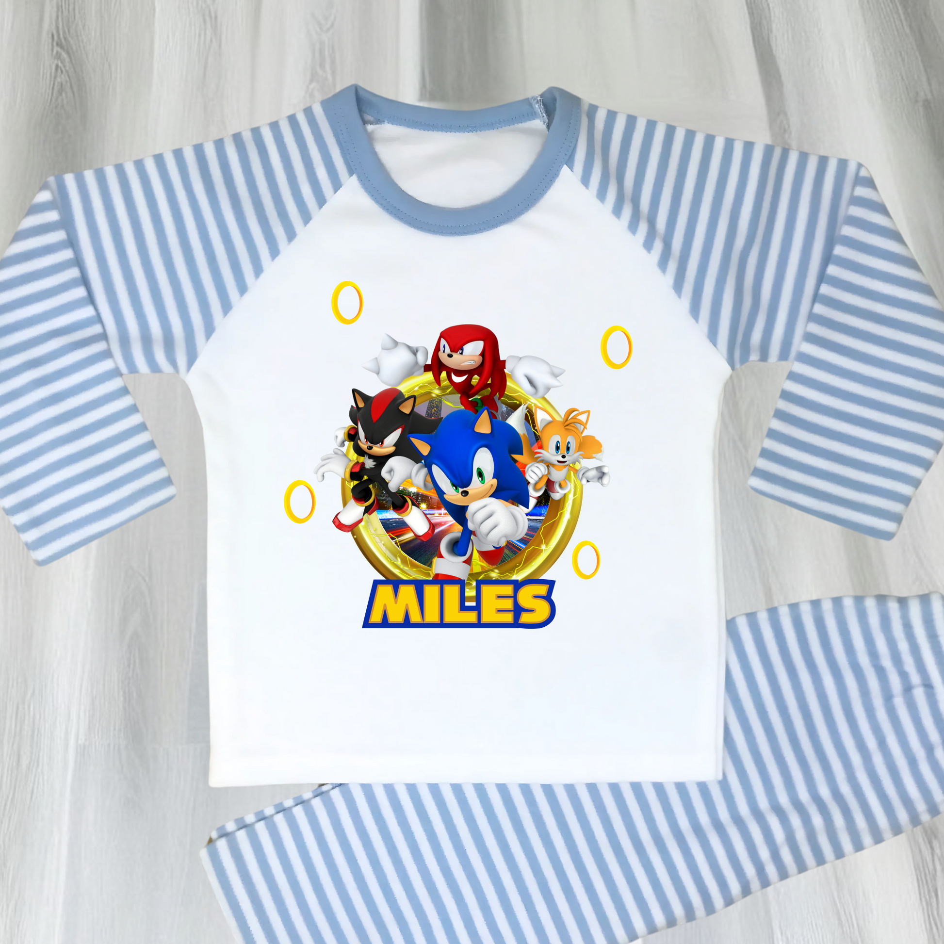 Sonic personalised pyjamas, sonic custom pajamas, gamers pjs with name, boys custom sonic pjs
