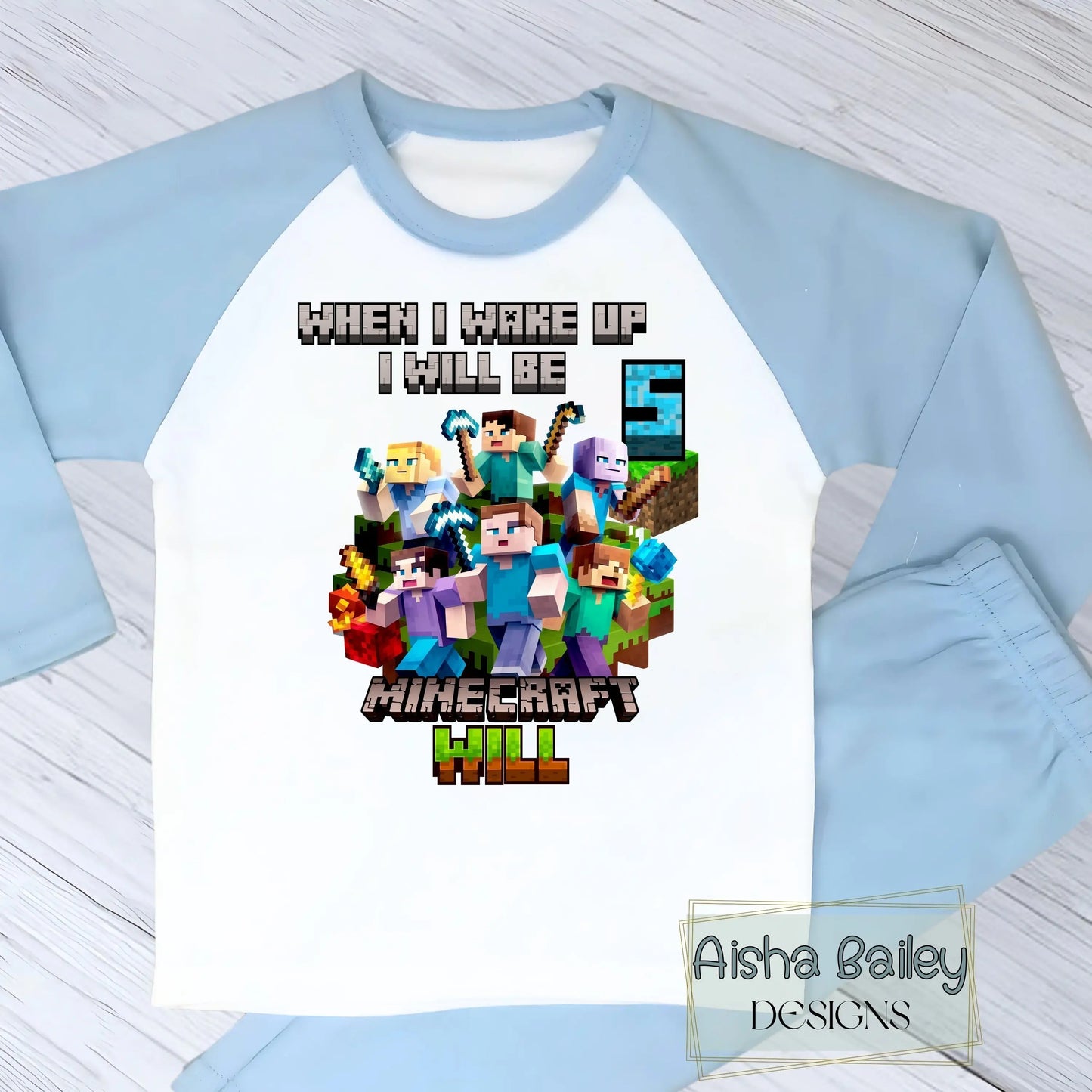 Personalised boys Minecraft birthday pyjamas with child’s name and age, featuring vibrant game-inspired design on a soft cotton pyjama set.