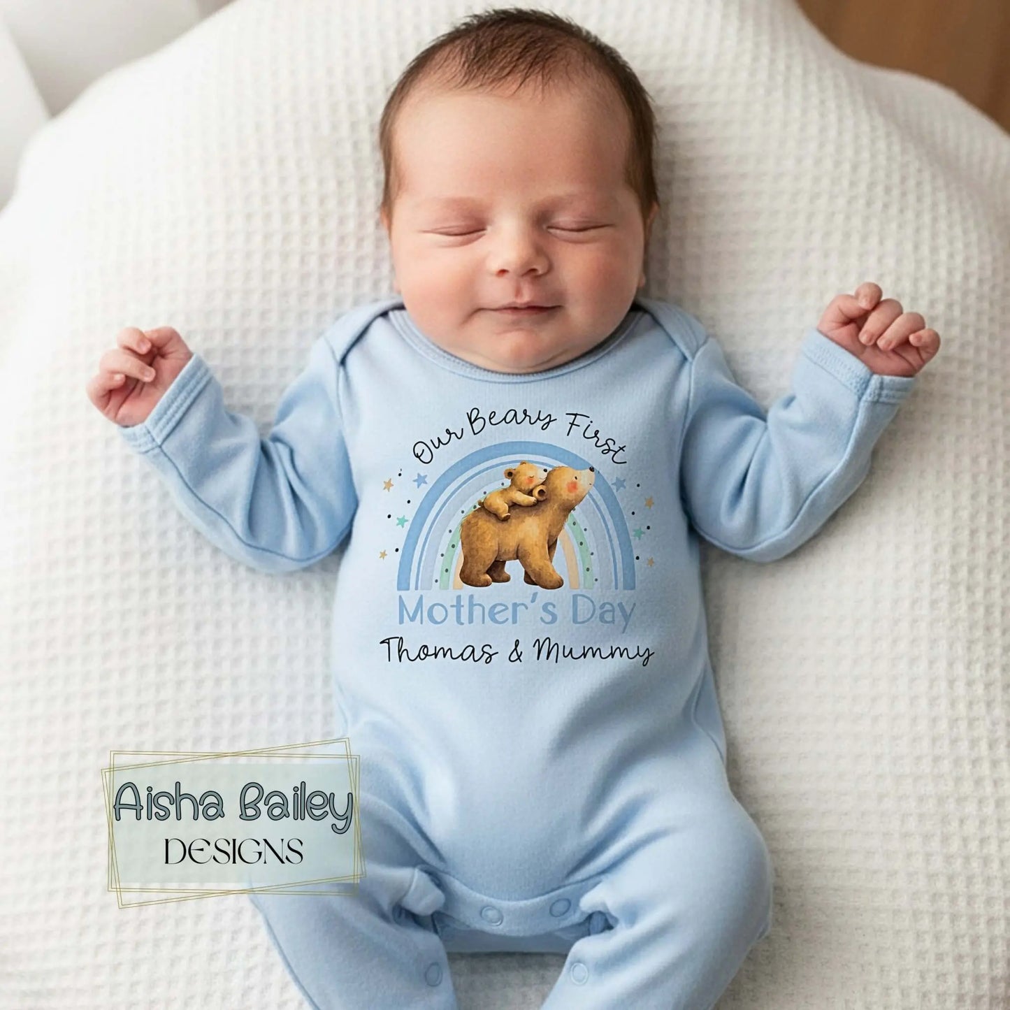 Personalised 1st Mother’s Day baby boy sleepsuit with Our Beary First Mother’s Day bear and rainbow design, custom name keepsake gift for First Mothers Day