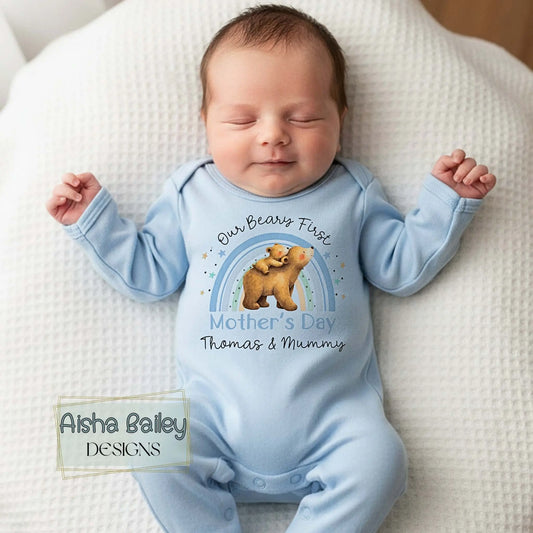 Personalised 1st Mother’s Day baby boy sleepsuit with Our Beary First Mother’s Day bear and rainbow design, custom name keepsake gift for First Mothers Day