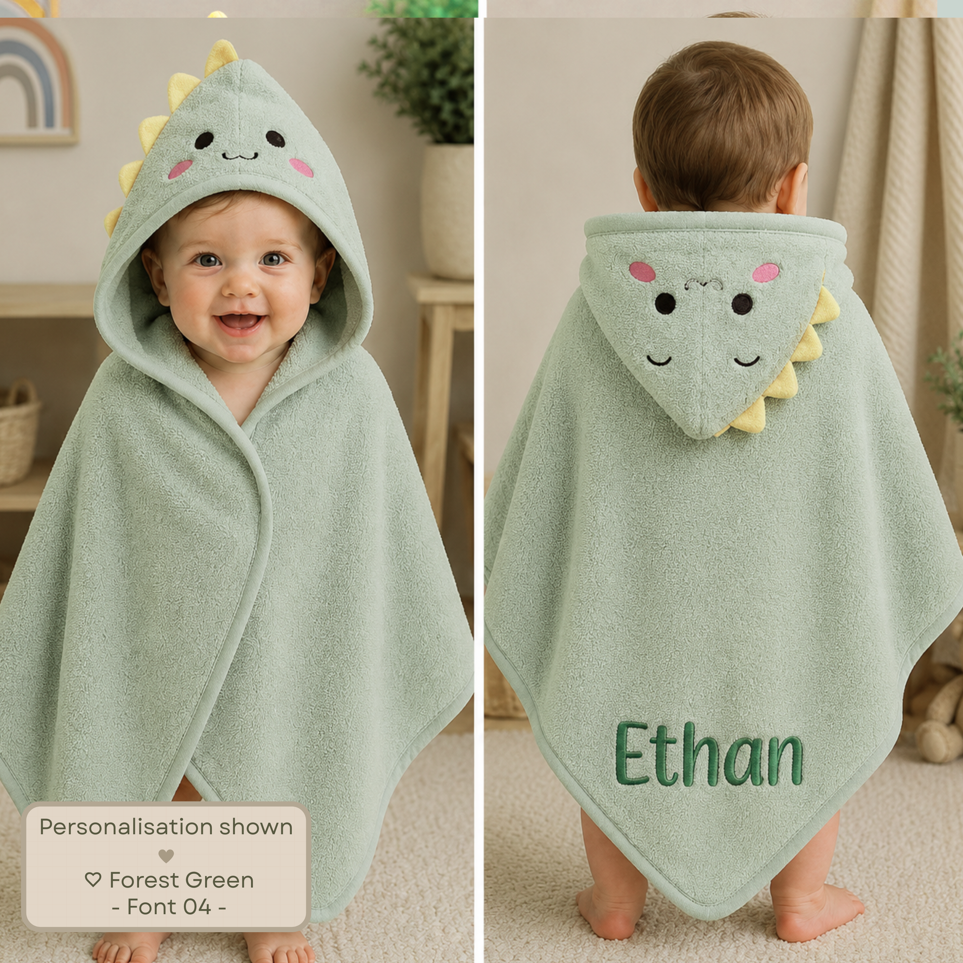 Personalised embroidered baby and toddler hooded towel with animal character hood, suitable from newborn to 3 years. A baby wearing a personalized forest green hooded towel wrap with a dinosaur face and yellow spikes, shown in a split front and back view. The name 'Ethan' is personalized on the back.