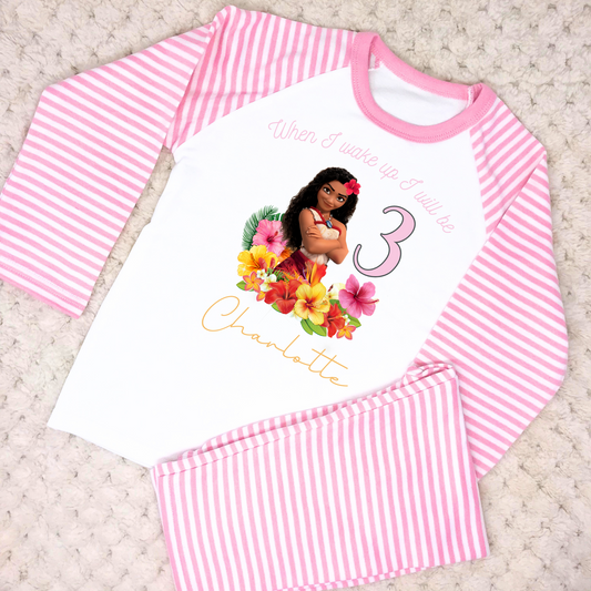 Moana 2 Birthday Pyjamas - Girls' Princess Moana 2 Personalised Pyjamas, Girls Moana with name, Disne princess Moana pjs, custom Moana birthday pjs, personalised disney princess