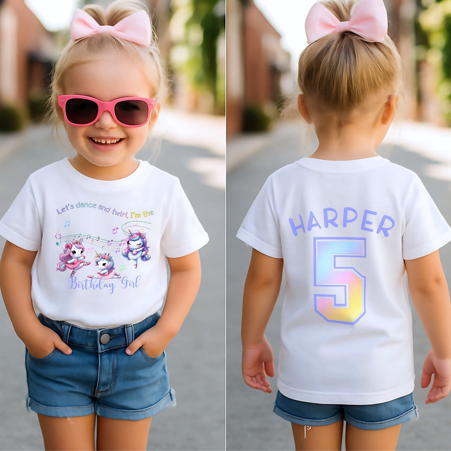 personalised unicorn birthday t-shirt for girls with custom name and age, featuring a cute dancing unicorn design on soft cotton, the perfect unicorn birthday outfit for party celebrations, cake cutting, twirling, and keepsake photos.