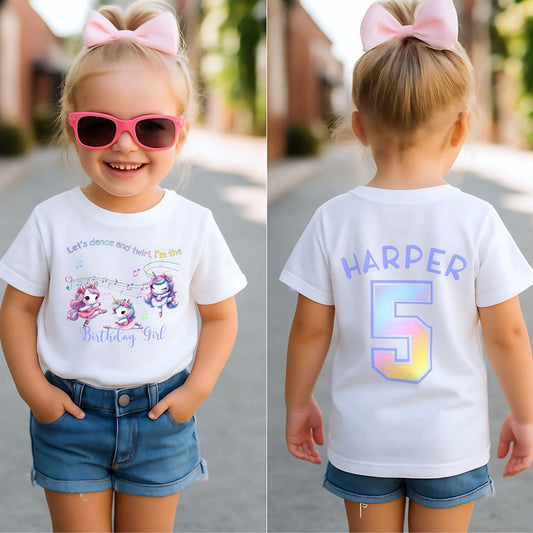 personalised unicorn birthday t-shirt for girls with custom name and age, featuring a cute dancing unicorn design on soft cotton, the perfect unicorn birthday outfit for party celebrations, cake cutting, twirling, and keepsake photos.