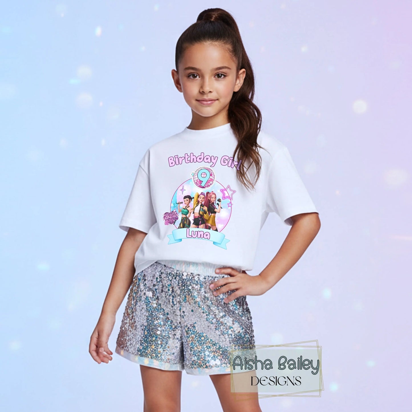 Kpop Demon Hunters personalised T-shirt for girls with custom name  and age , pop star birthday outfit, cute Kpop style kids birthday shirt, trendy girls party top
