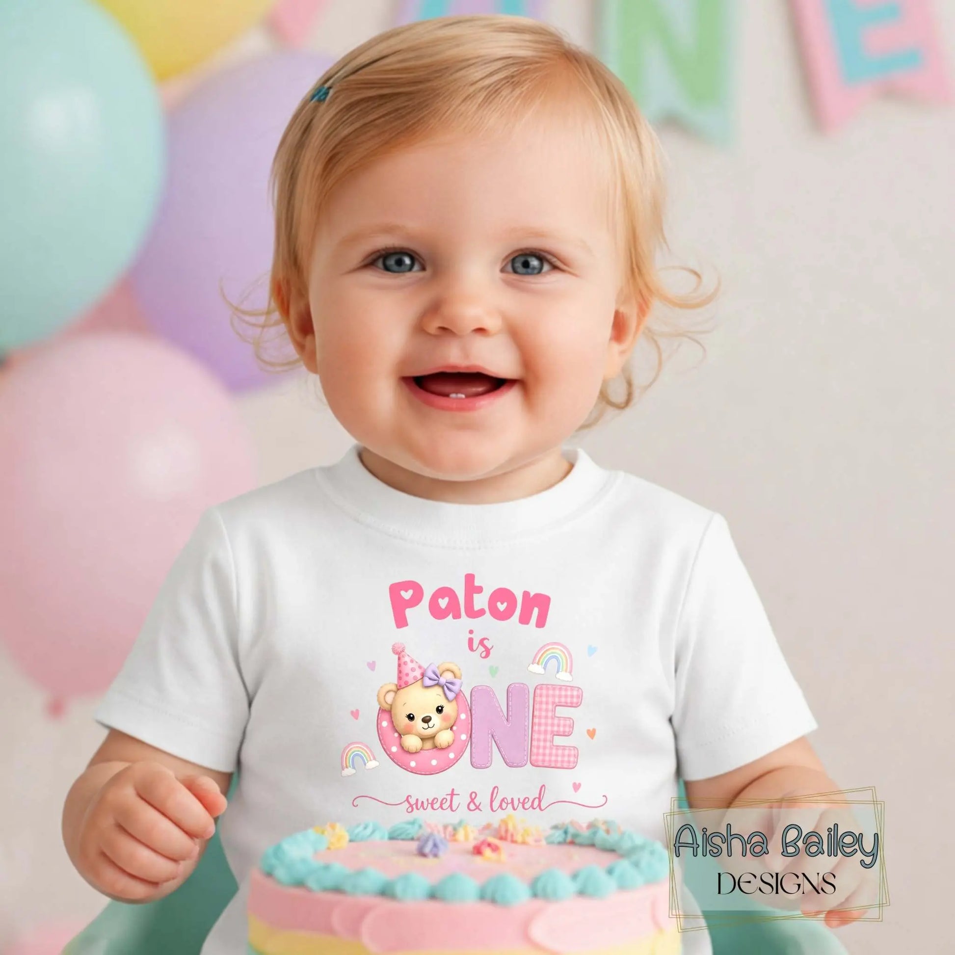Personalised 1st Birthday t-shirt, Personalised first birthday t-shirt with custom name, pastel teddy design, baby wearing birthday shirt at cake smash celebration