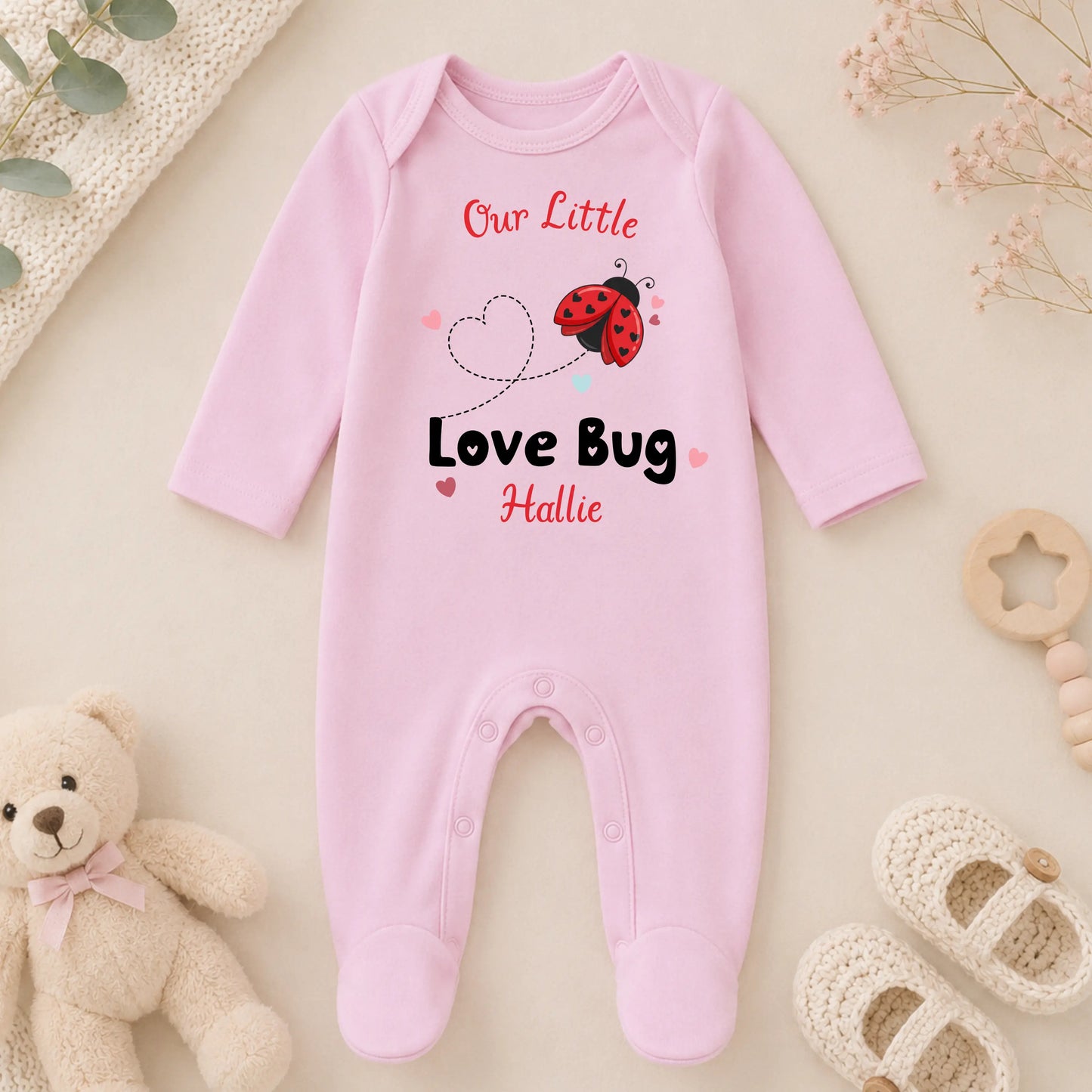Personalised Baby Outfit:  Girls  Love Bug  Baby Grow, Vest or Bib for Everyday Wear AishaBaileyDesigns