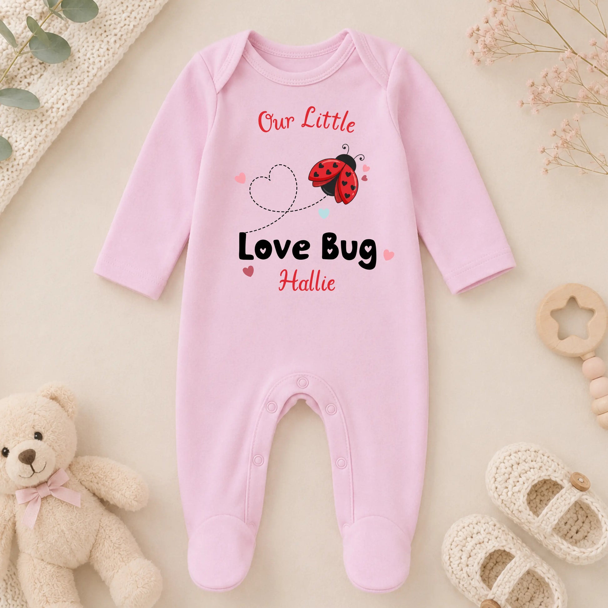 Personalised Baby Outfit:  Girls  Love Bug  Baby Grow, Vest or Bib for Everyday Wear AishaBaileyDesigns