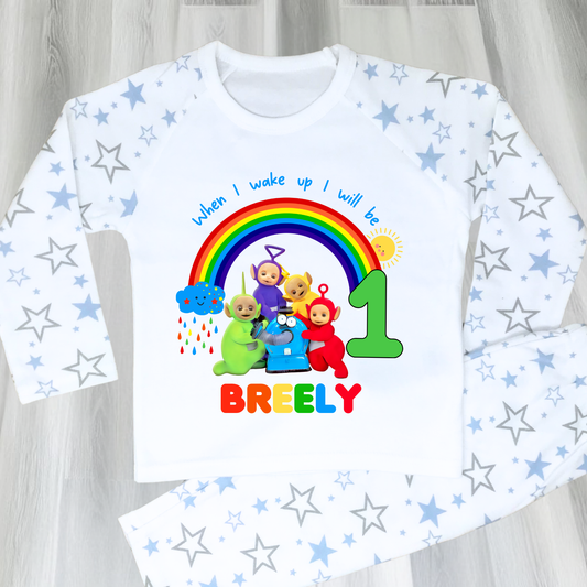Teletubbies birthday pyjamas, when i wake up teletubbies, teletubbies name age, boys birthday pyjamas with name